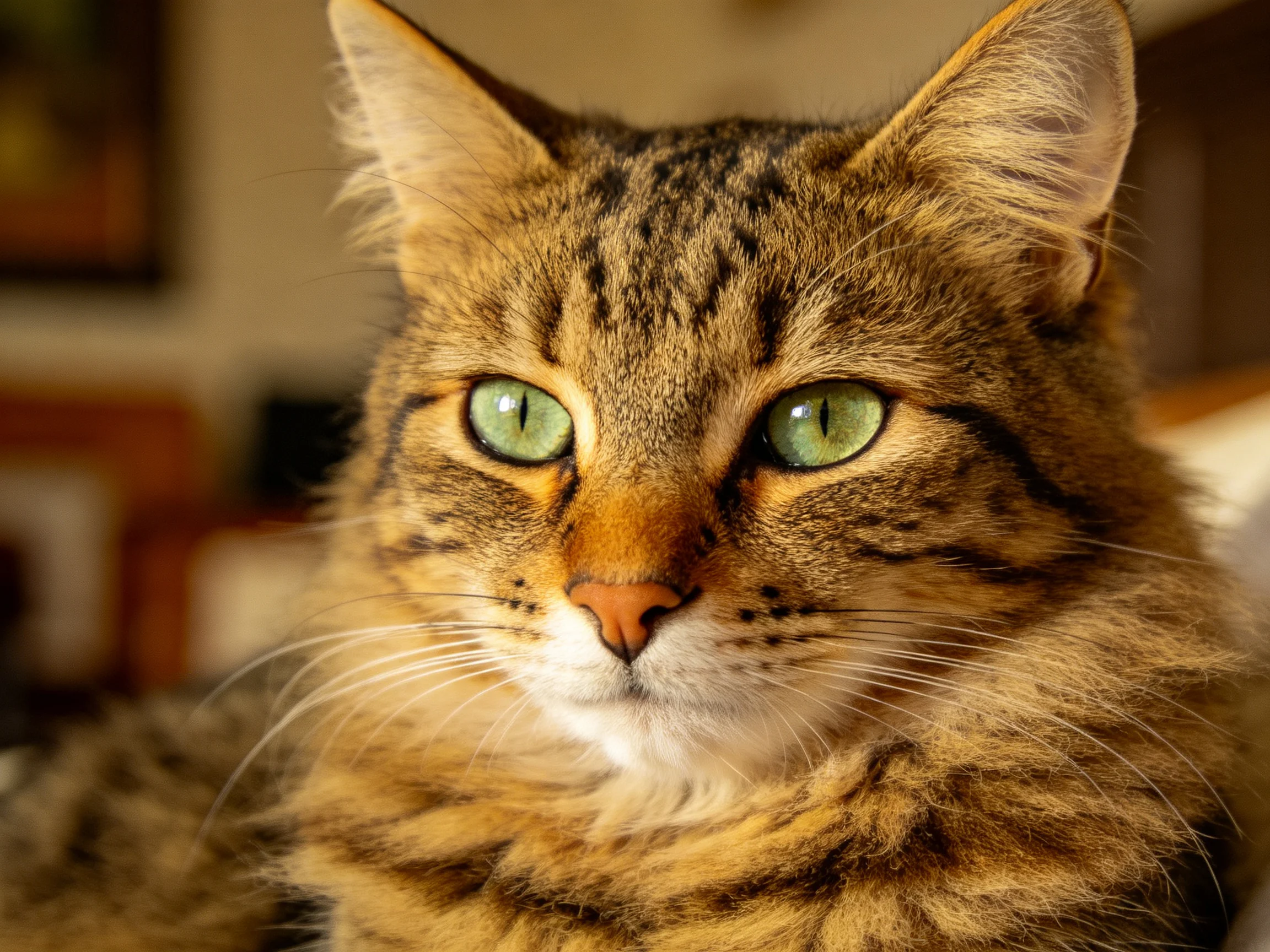 A brown tabby cat with bright green eyes sits in a softly lit indoor space.