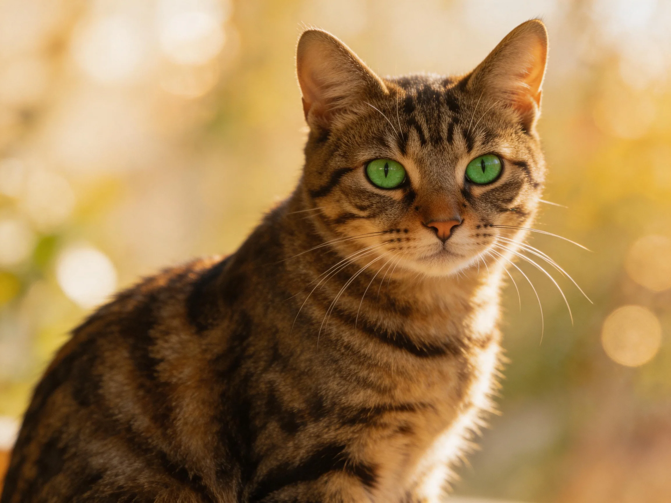 Brown tabby cat with bright green eyes sits in soft light.