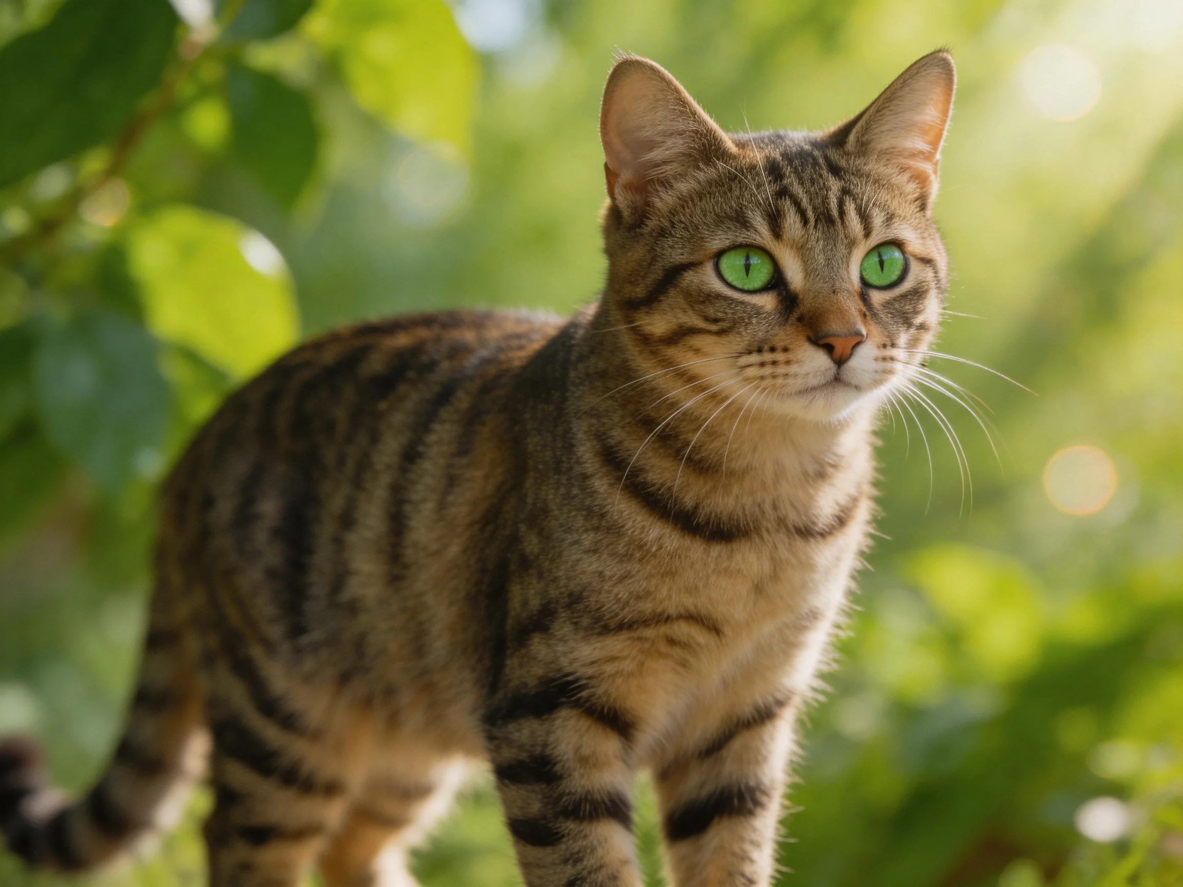 A brown tabby cat with green eyes stands near greenery in sunlight.