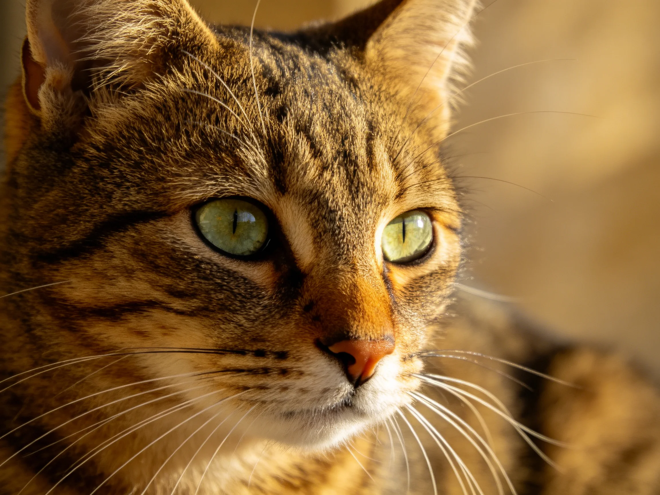 Close-up of a brown tabby cat with green eyes in warm lighting.