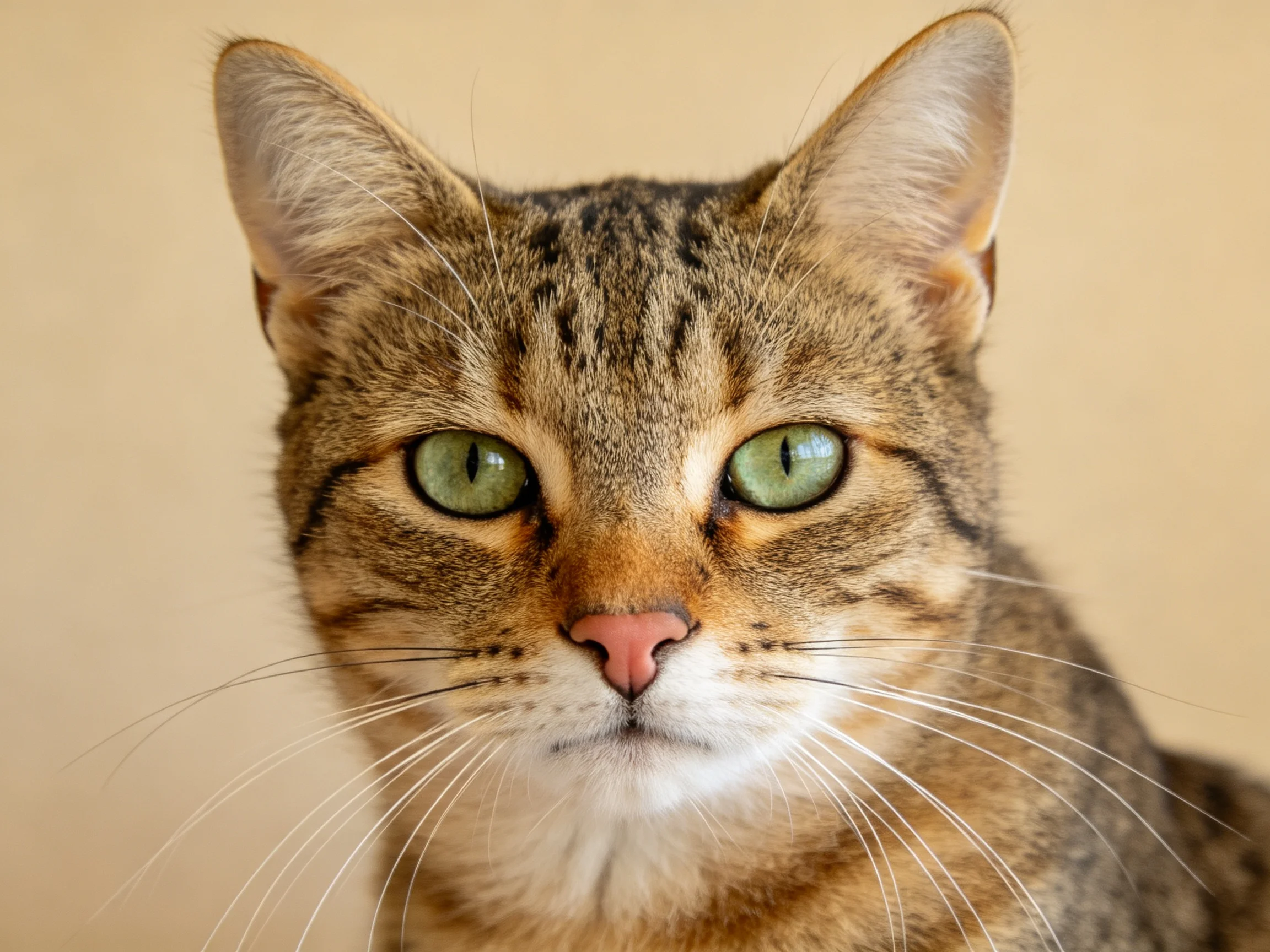 A brown tabby cat with green eyes is shown in a close-up photo.