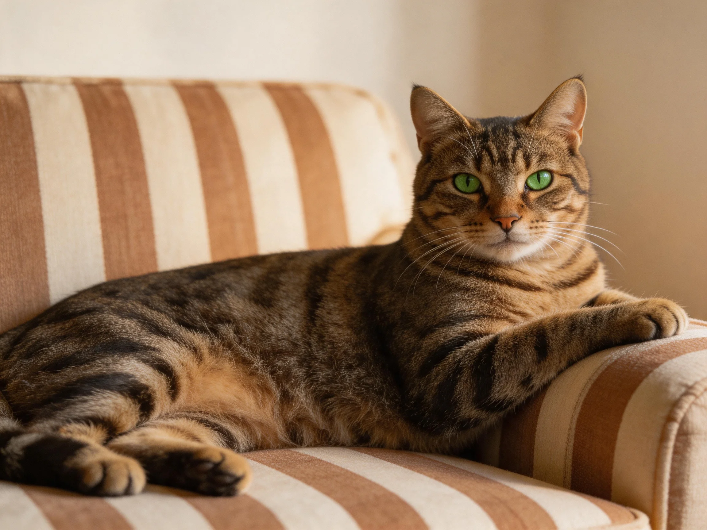 A brown-tabby cat with green eyes relaxes on a striped sofa