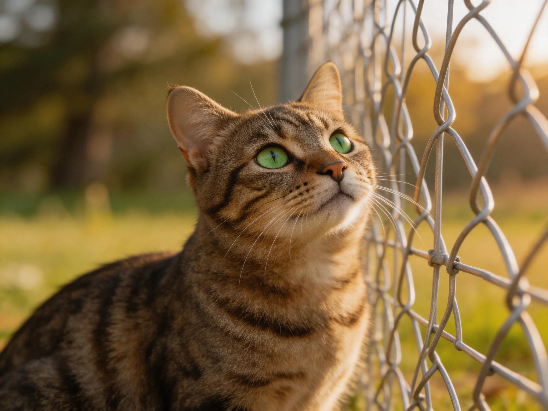 A brown tabby cat with green eyes sits beside a chain-link fence in an outdoor environment.
