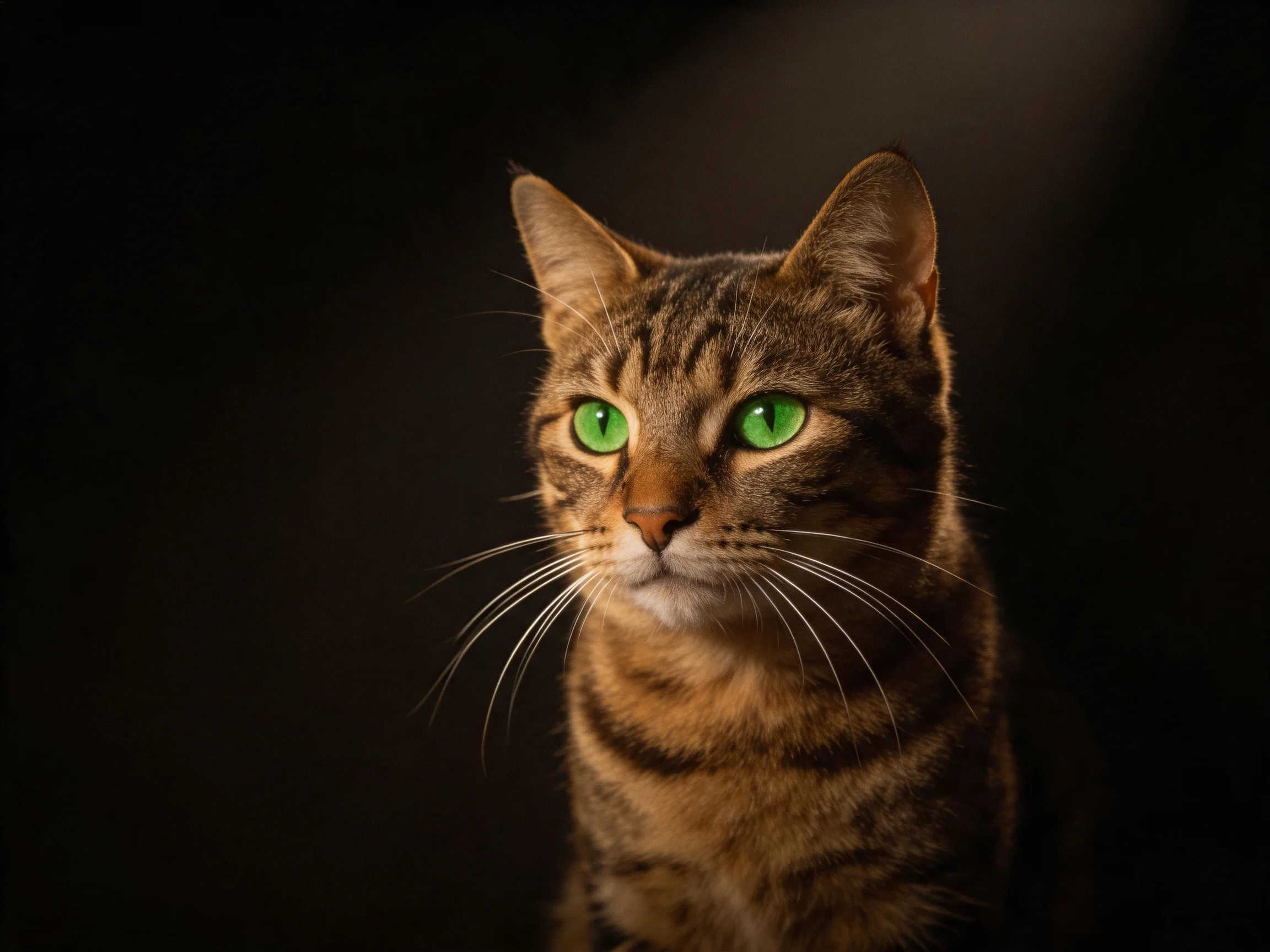 A brown tabby cat with green eyes is displayed against a dark background.