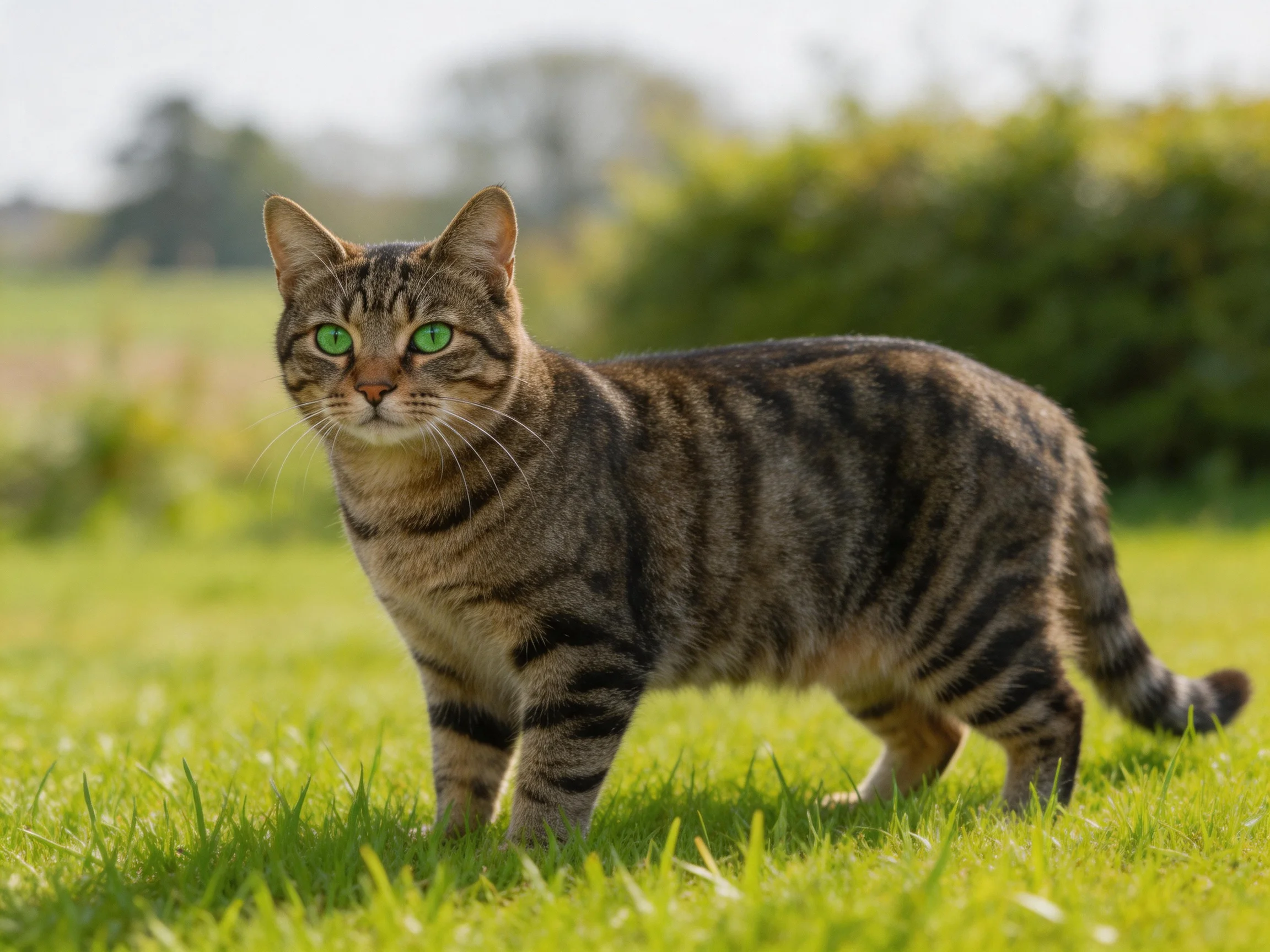 A tabby cat with bright green eyes stands on a grassy field.