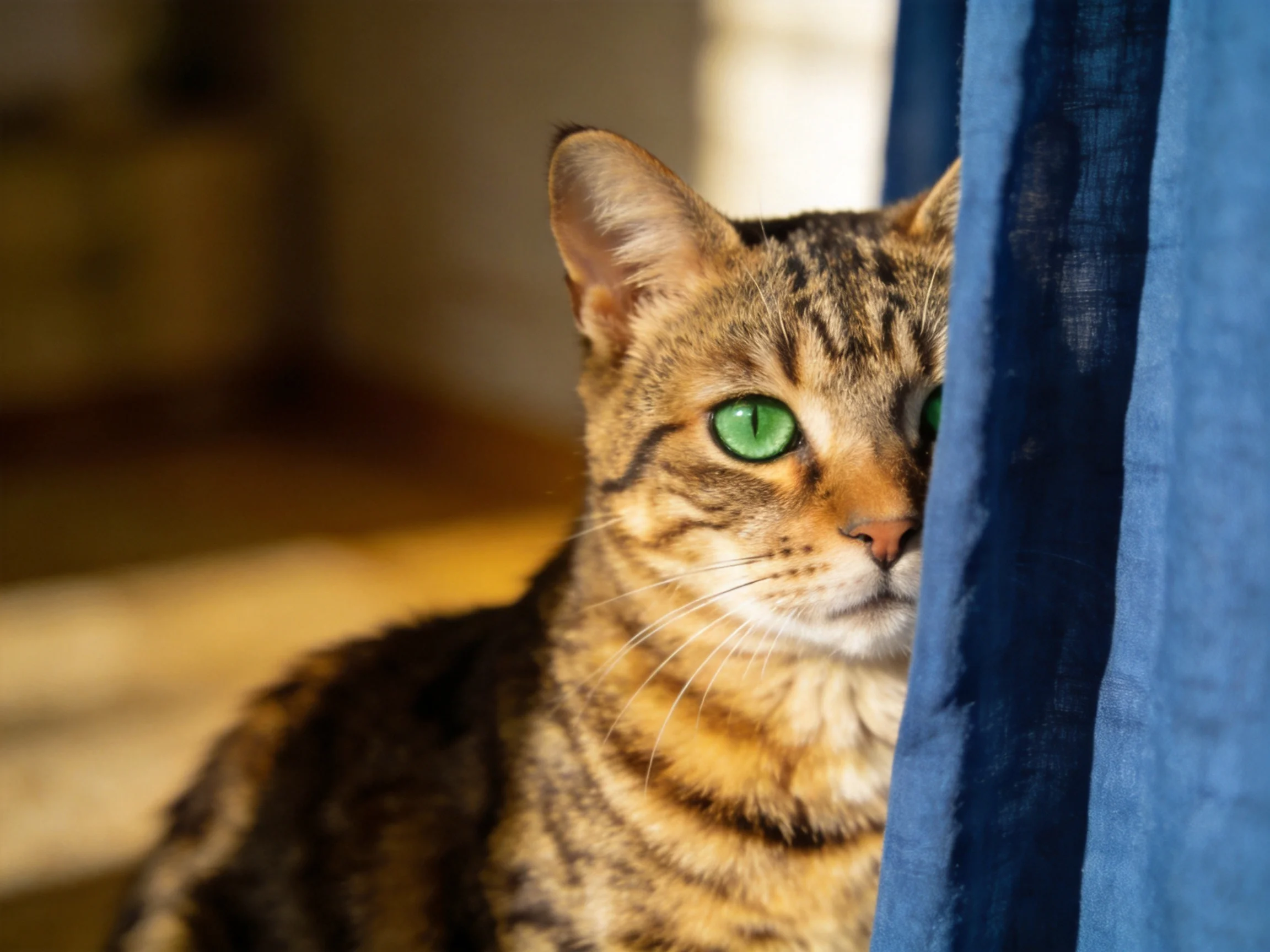 A brown tabby cat with green eyes peeks from behind a blue curtain
