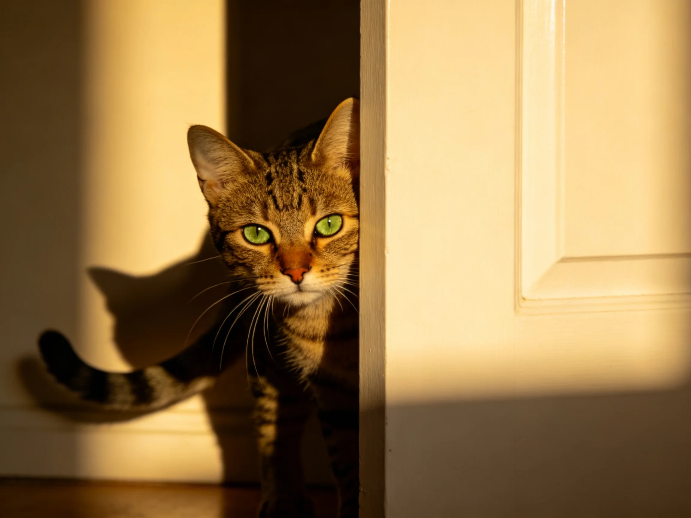 A brown tabby cat peeks from behind a white door in sunlight.