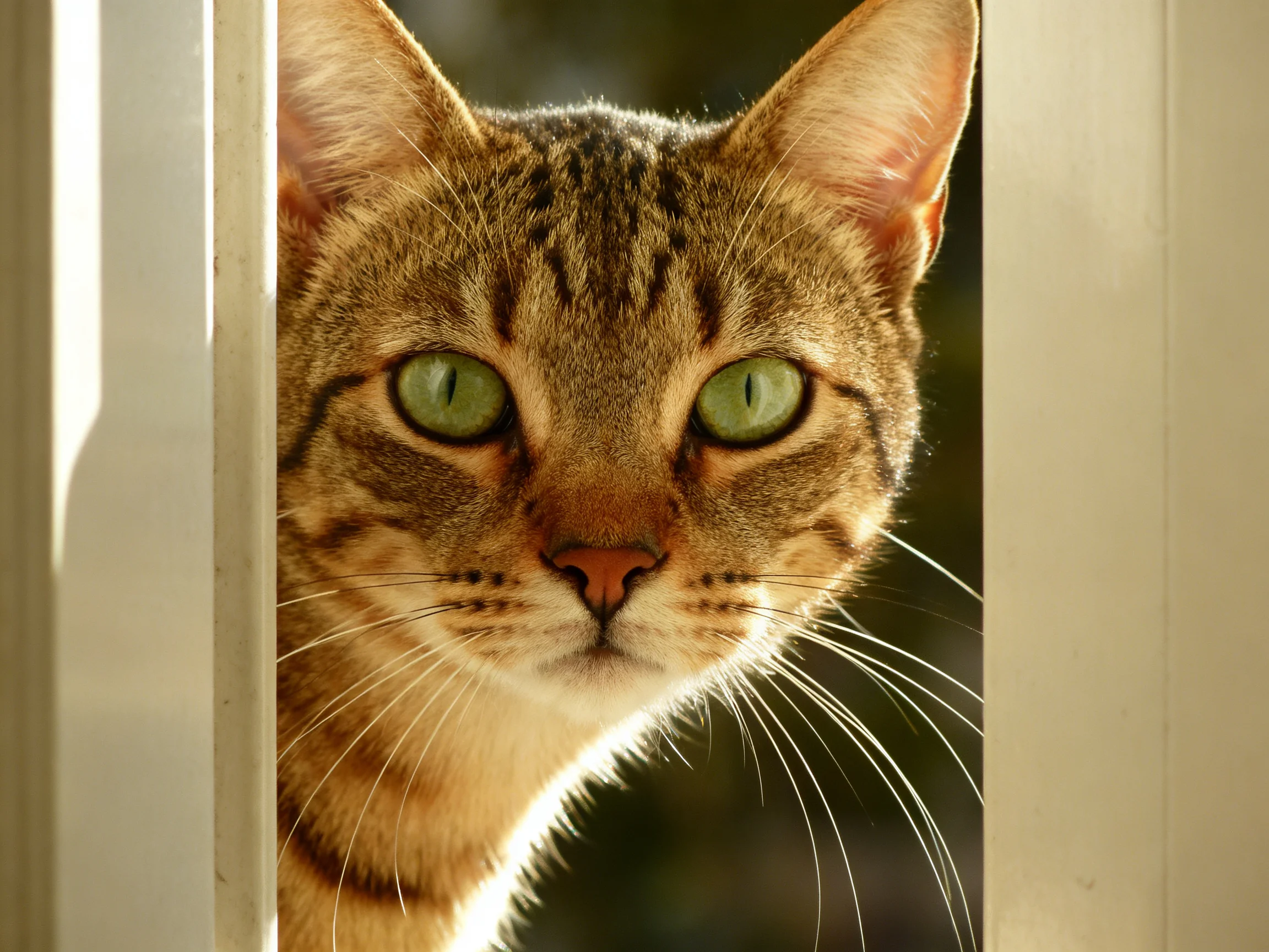 A brown tabby cat with green eyes peers through a narrow gap.