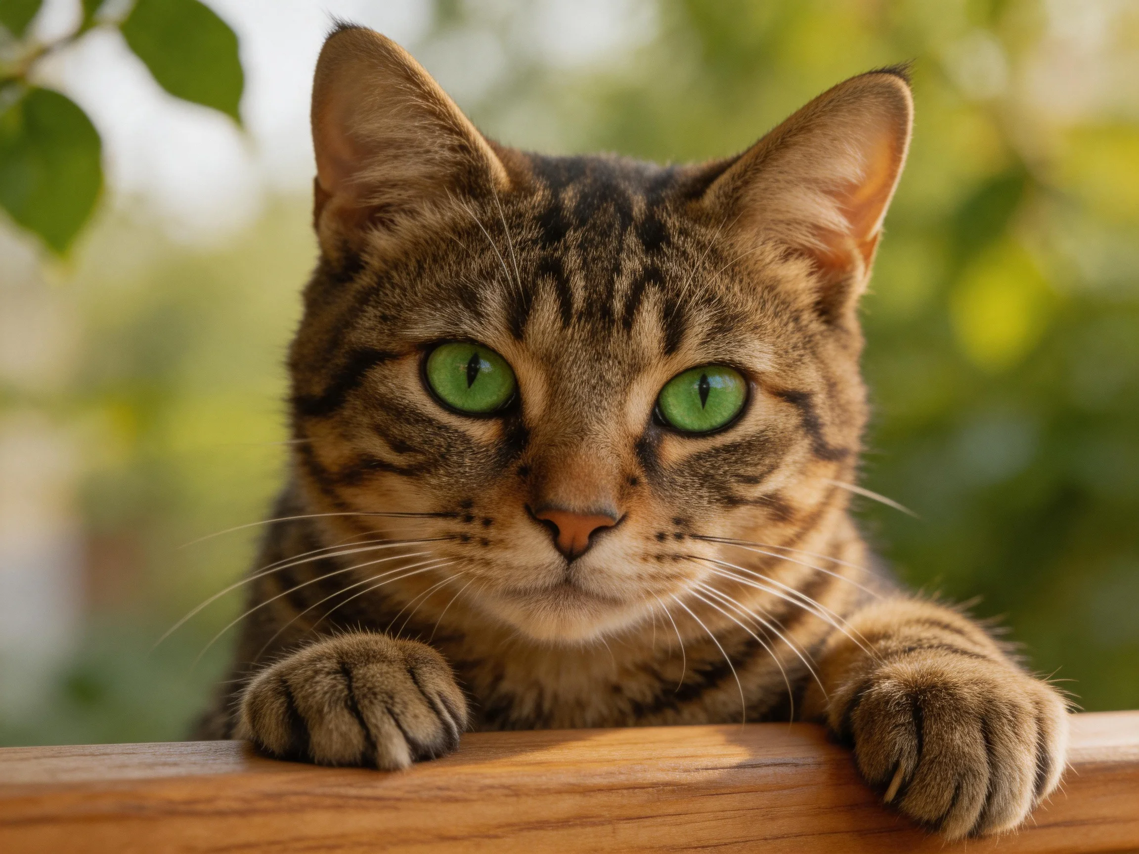 A brown tabby cat with green eyes leans over a wooden structure in an outdoor setting.