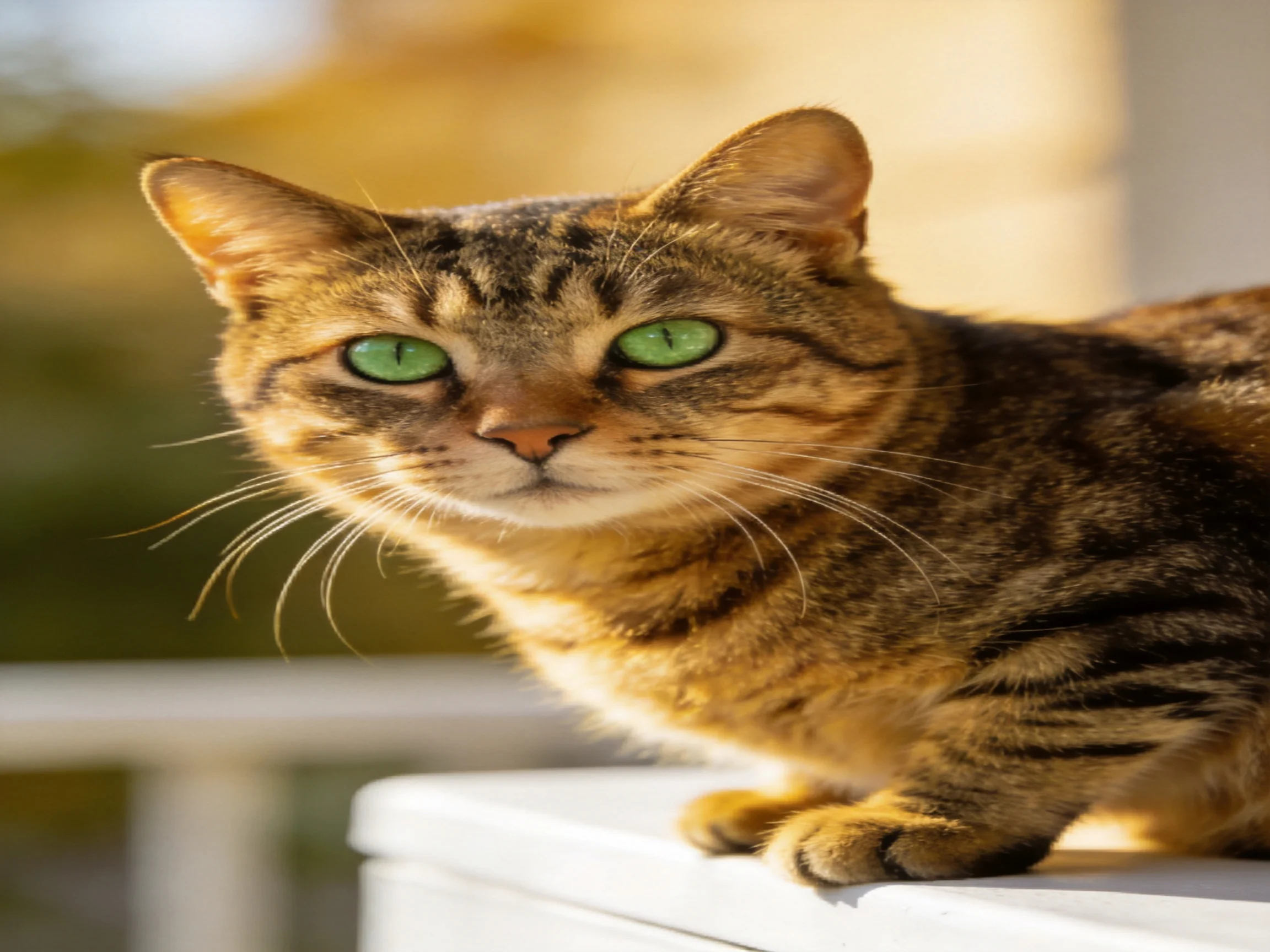 A brown tabby cat with green eyes rests on an outdoor white surface.