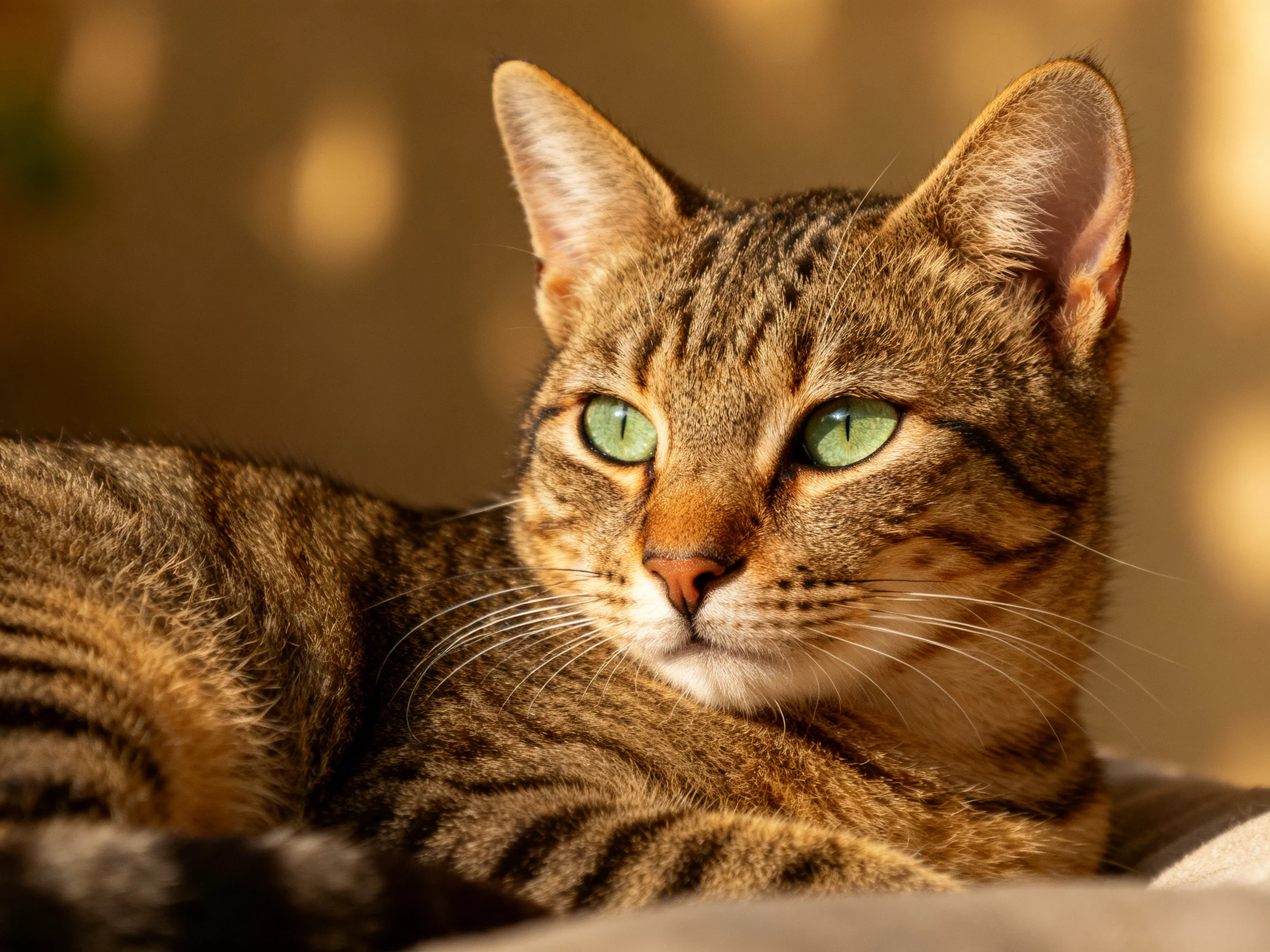 A brown tabby cat with green eyes rests in a softly lit indoor space.