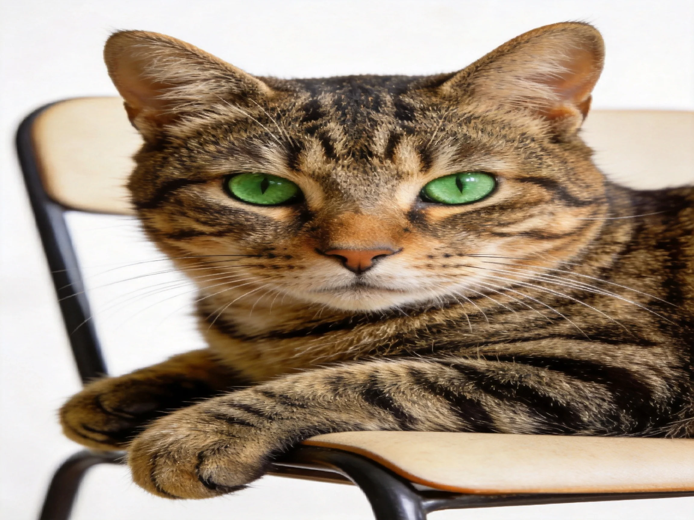 A brown tabby cat with bright green eyes relaxes on a chair.