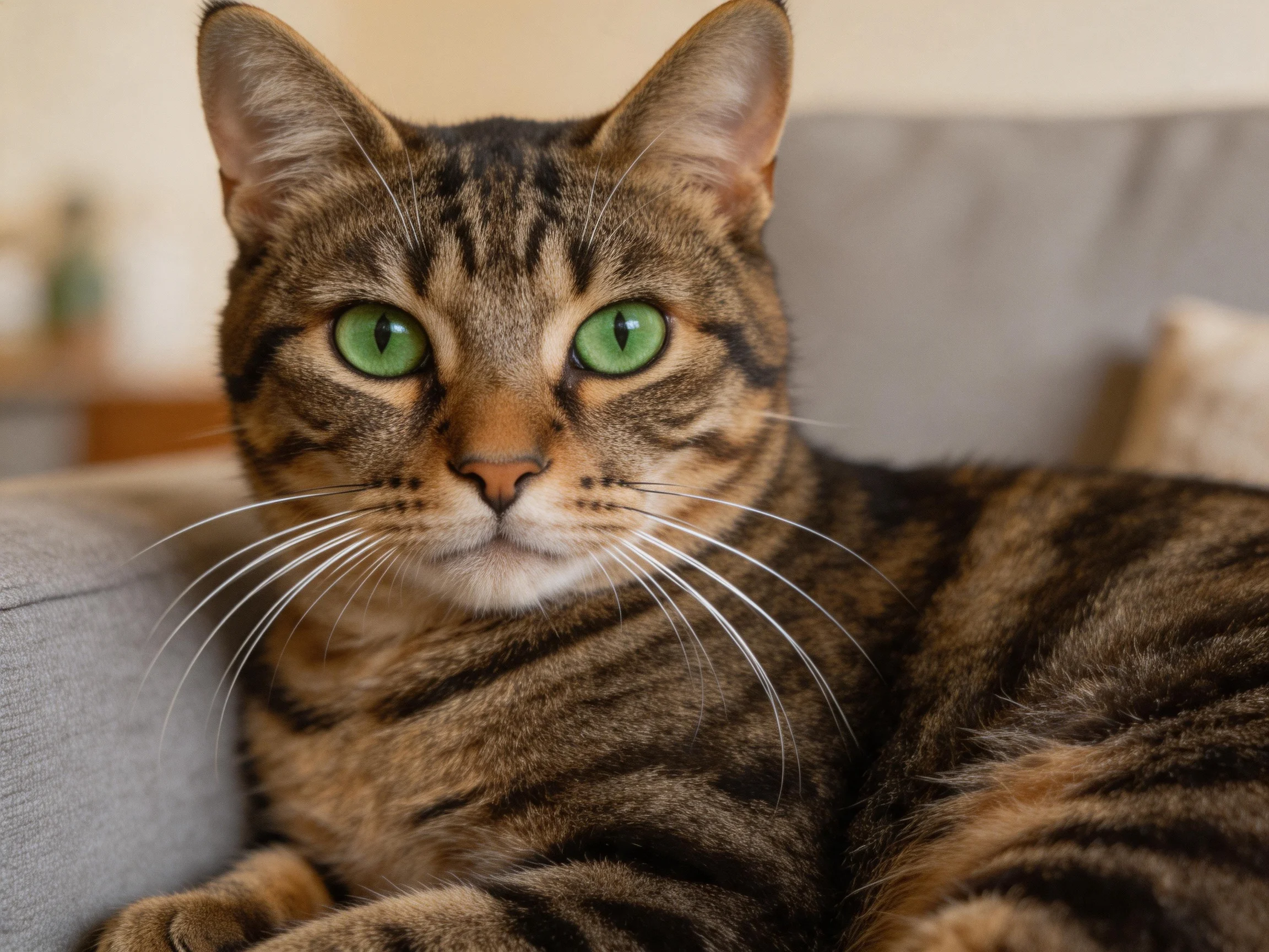 A brown tabby cat with green eyes relaxes on a soft gray sofa.