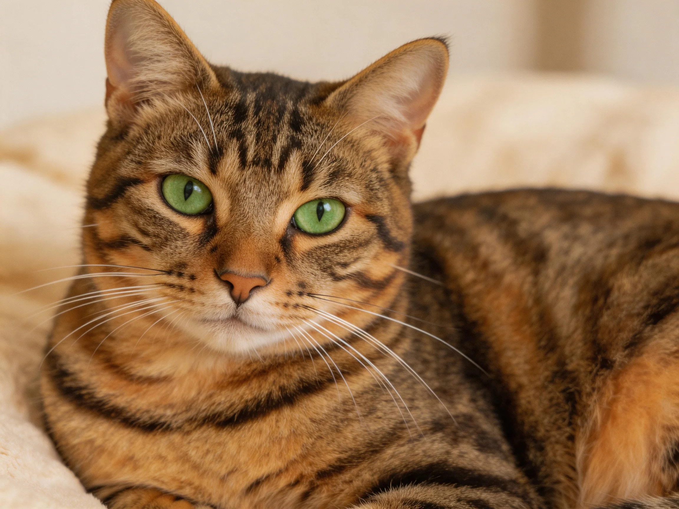 A brown tabby cat with bright green eyes rests calmly on a soft fabric.