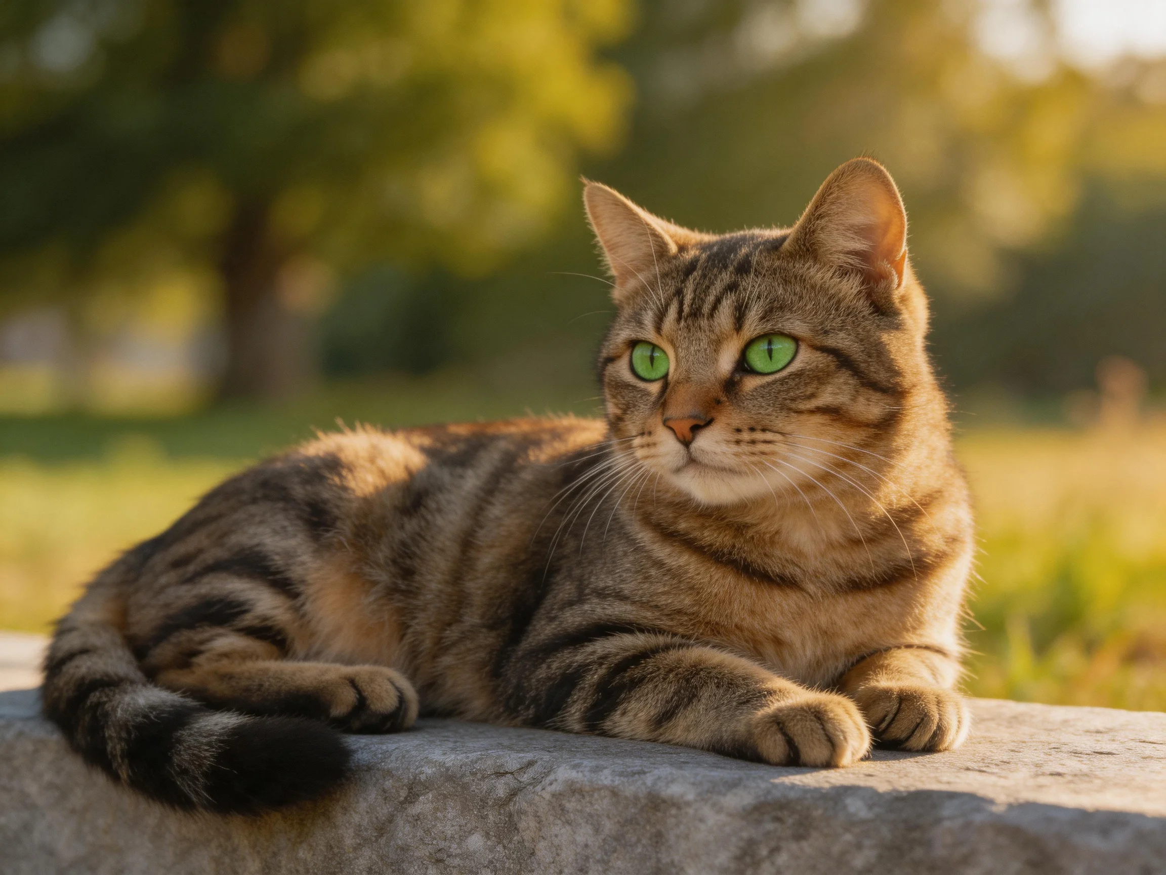 A brown tabby cat with green eyes relaxes on a stone ledge in a sunlit outdoor setting.