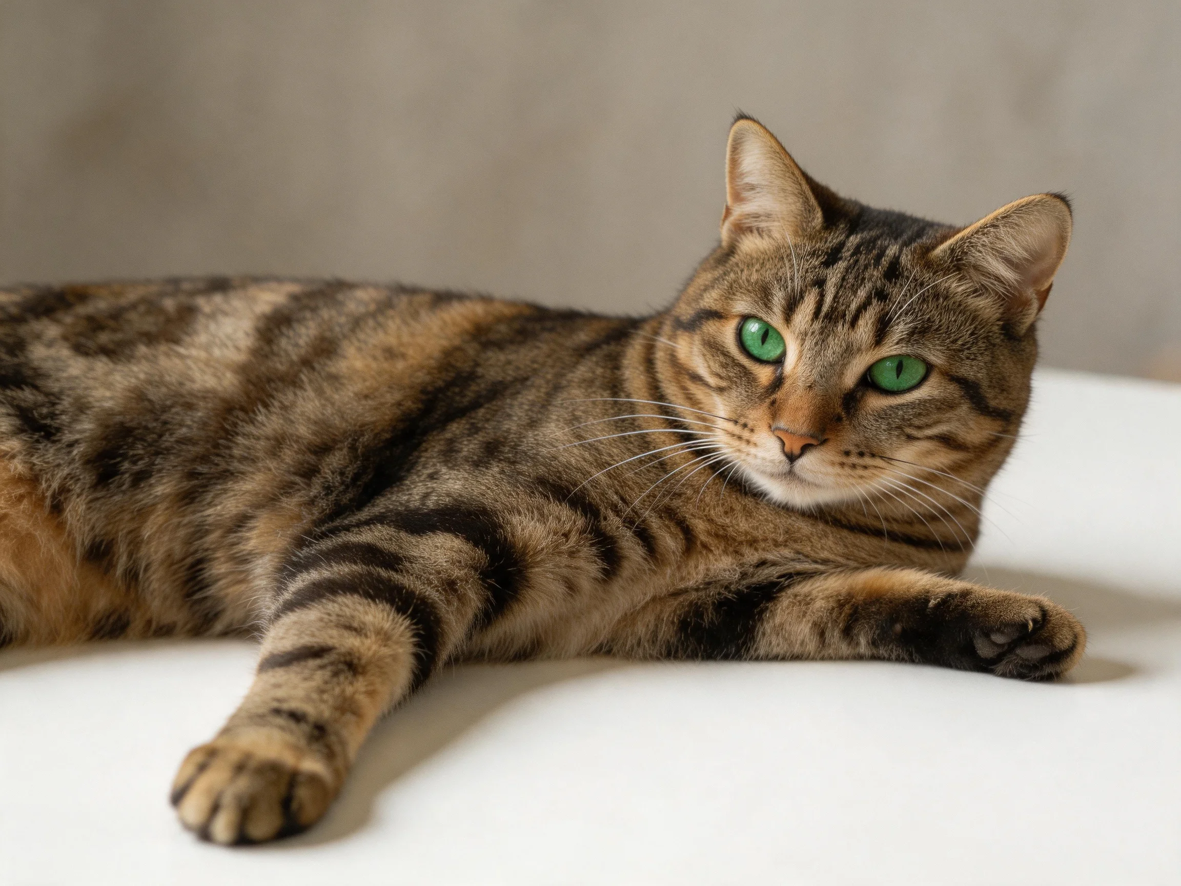 A brown tabby cat with bright green eyes rests comfortably on a white surface.