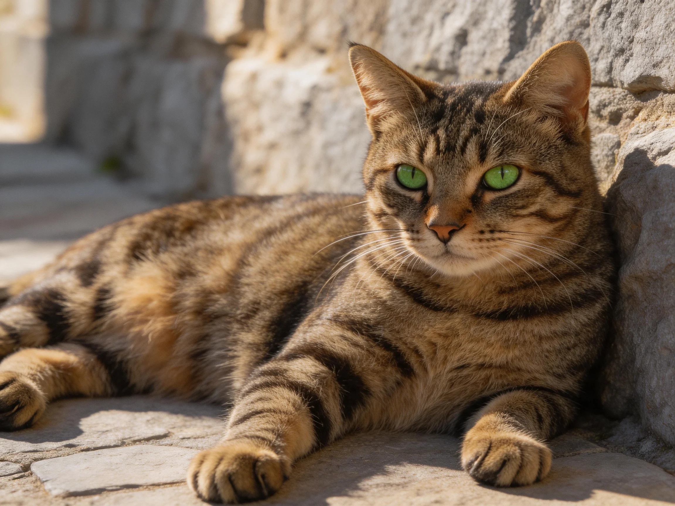 A brown tabby cat with green eyes lies near a stone wall in sunlight.
