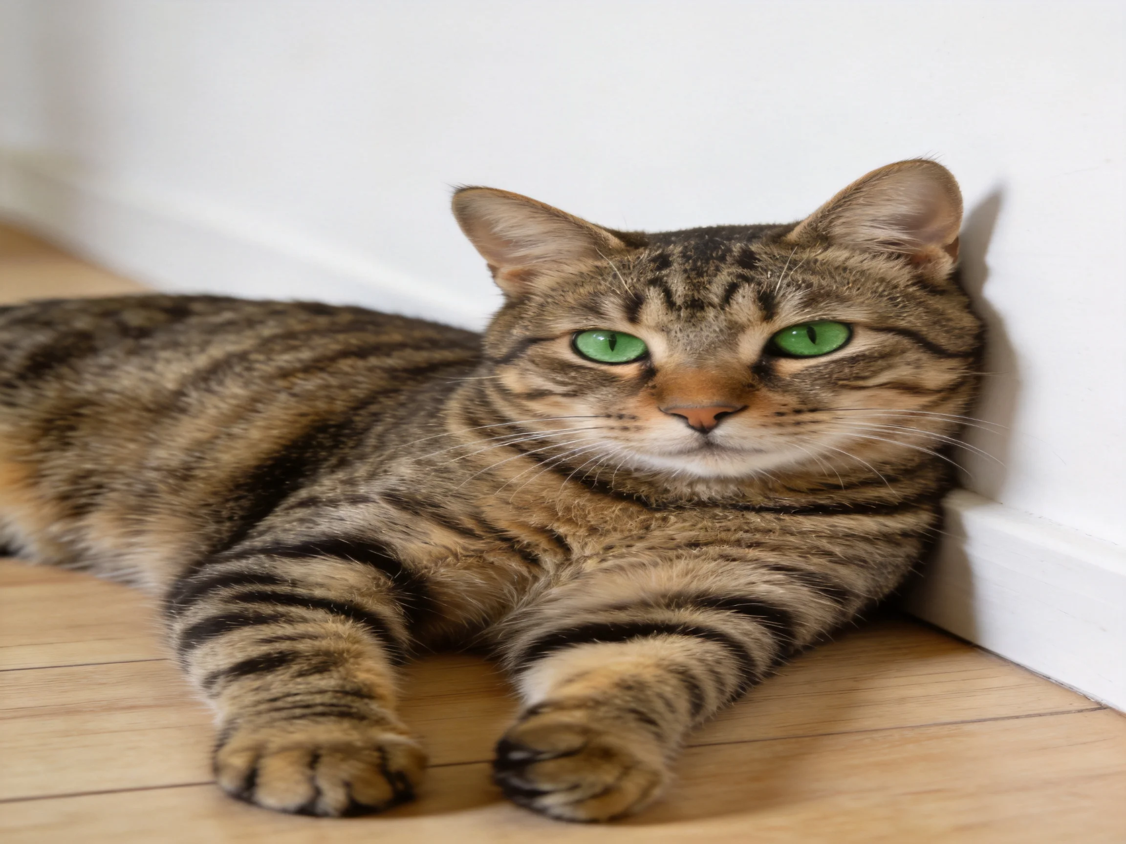 A brown tabby cat with green eyes relaxes beside a white wall.