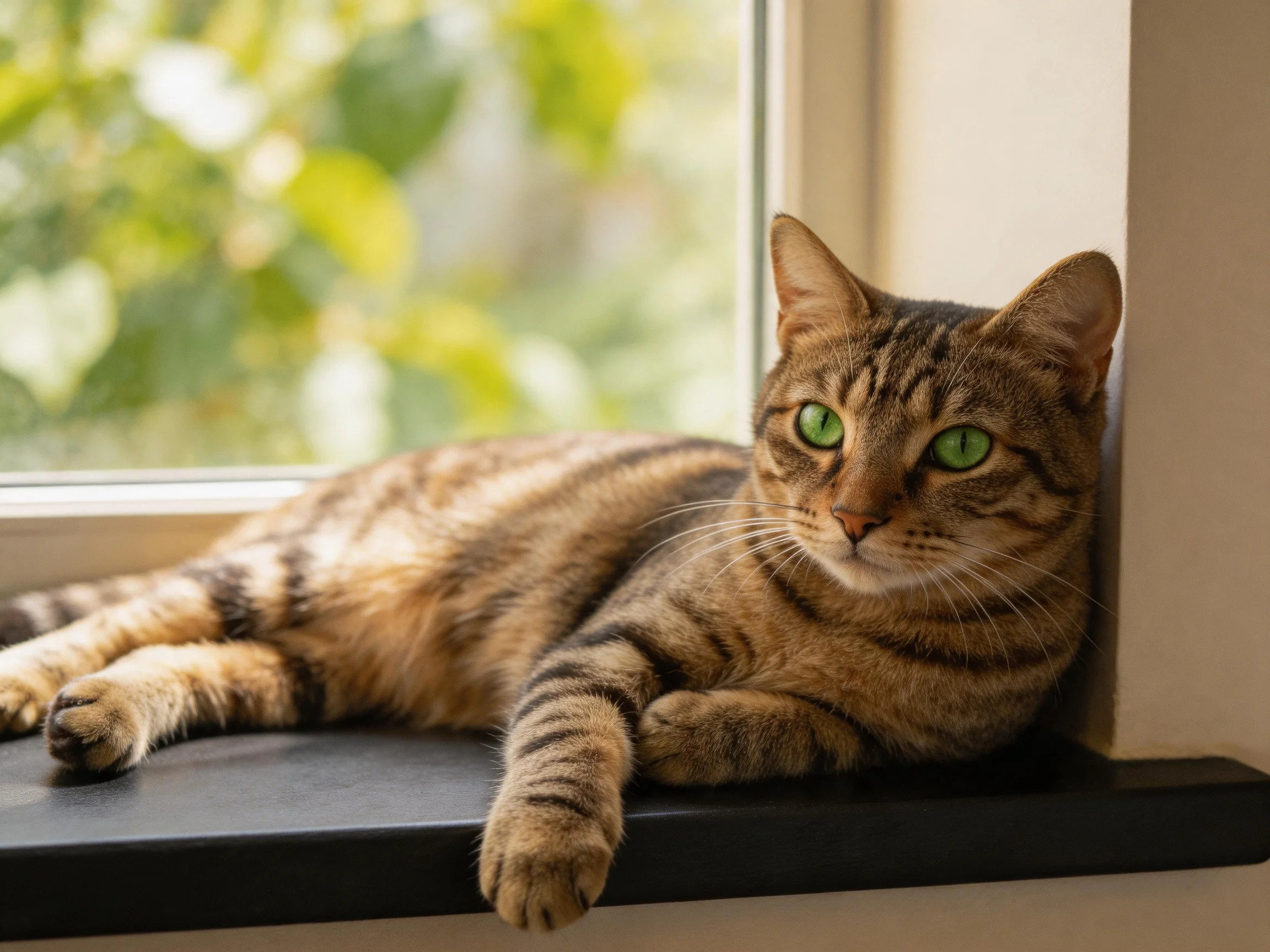 A brown tabby cat with green eyes relaxes on a windowsill by a window.