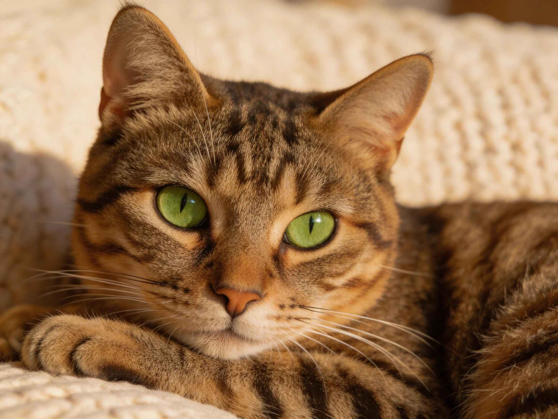 A brown tabby cat with green eyes relaxes on a soft cream blanket.