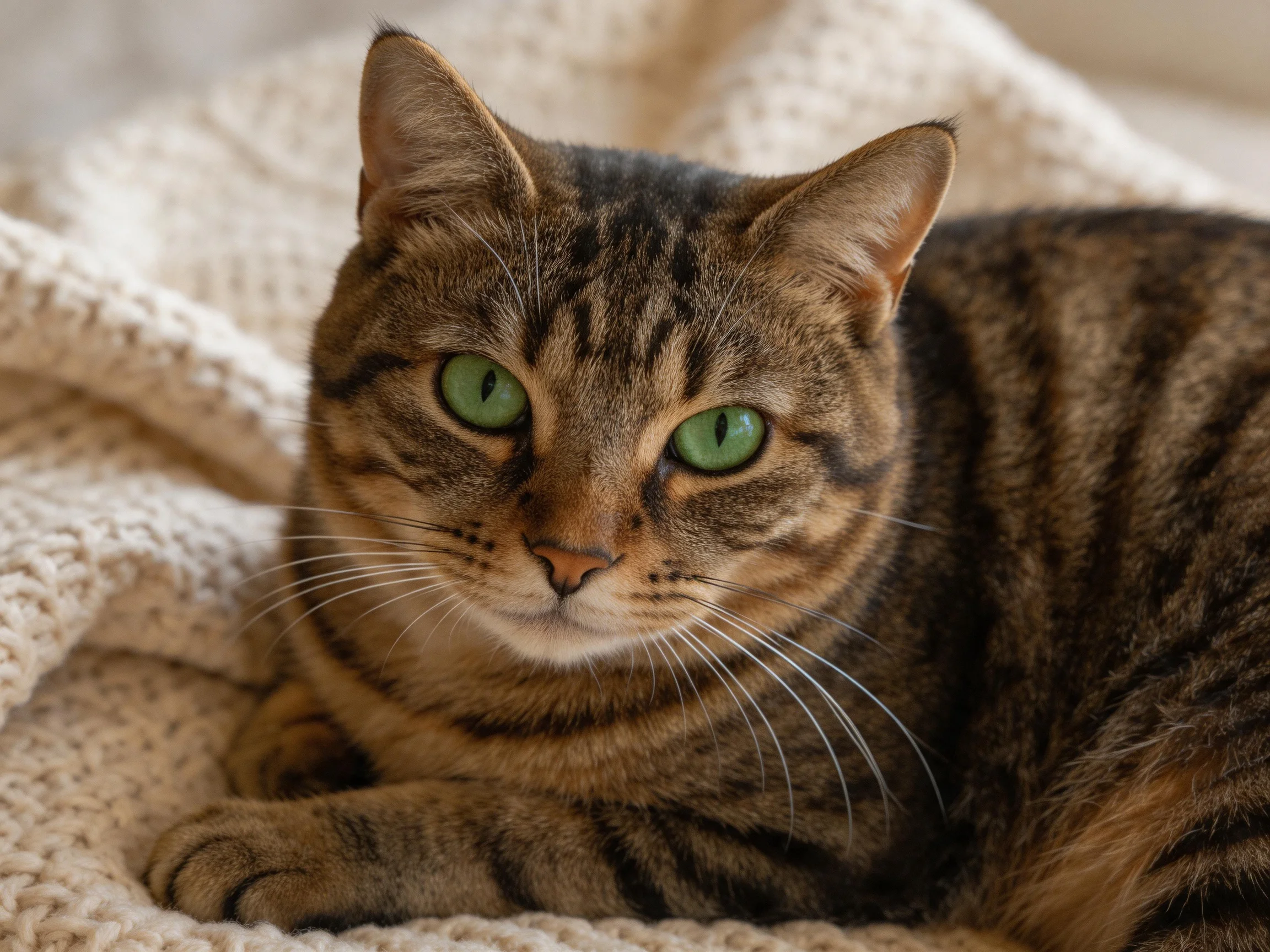 A brown tabby cat with green eyes rests on a soft cream blanket.