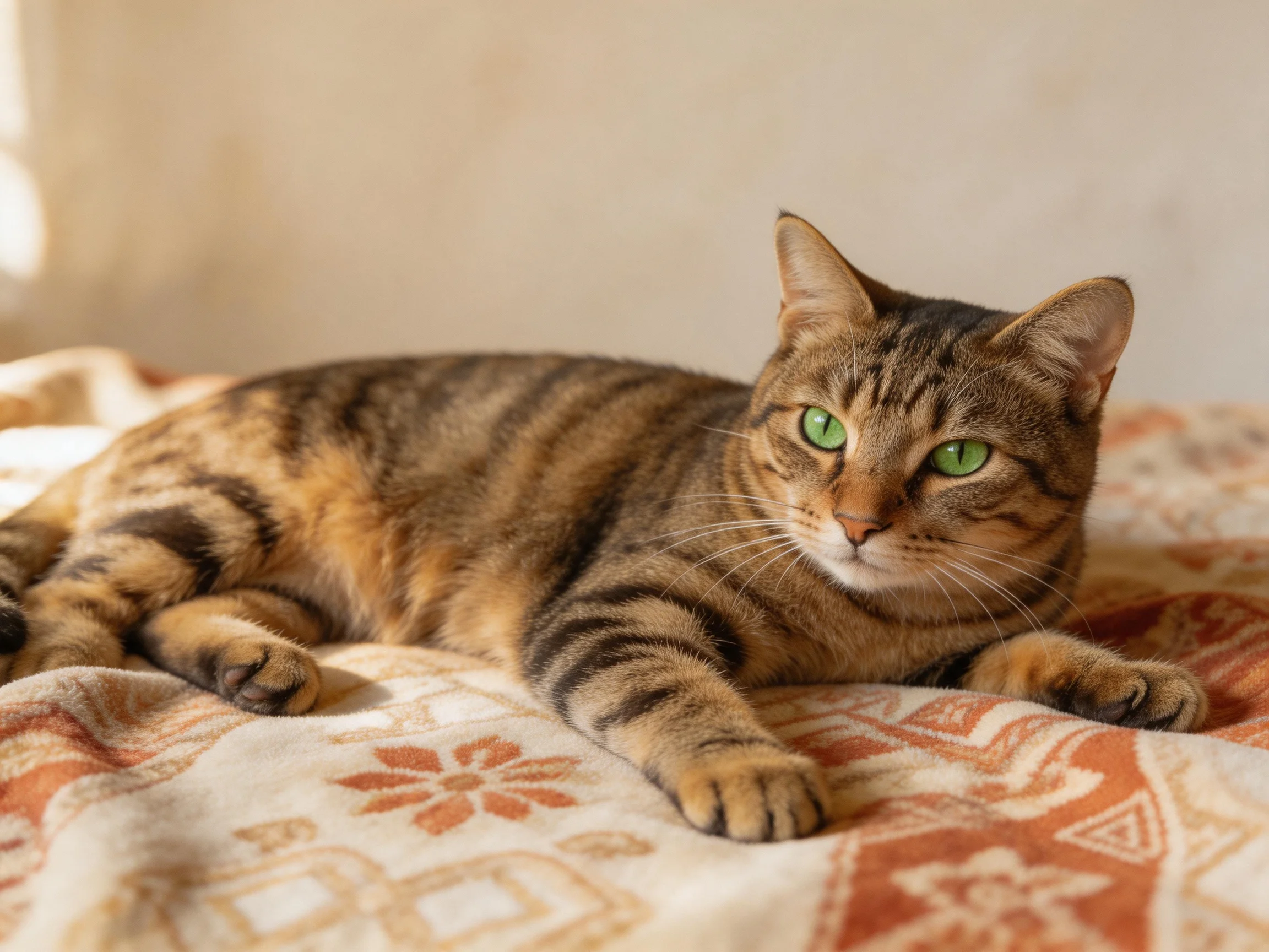 A brown tabby cat with green eyes relaxes on a decorative blanket inside.