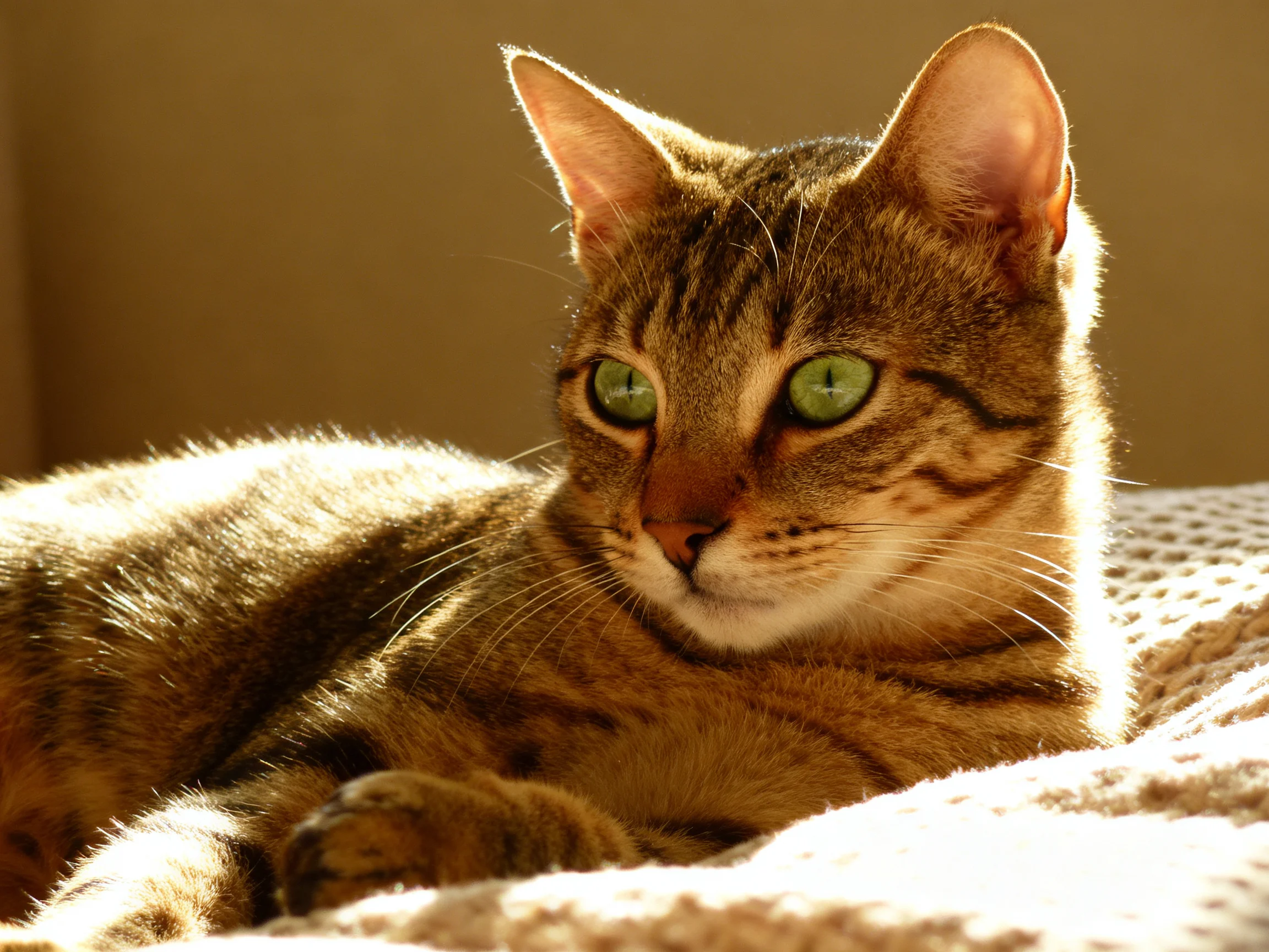 A brown tabby cat with green eyes relaxes on a soft blanket in warm light.