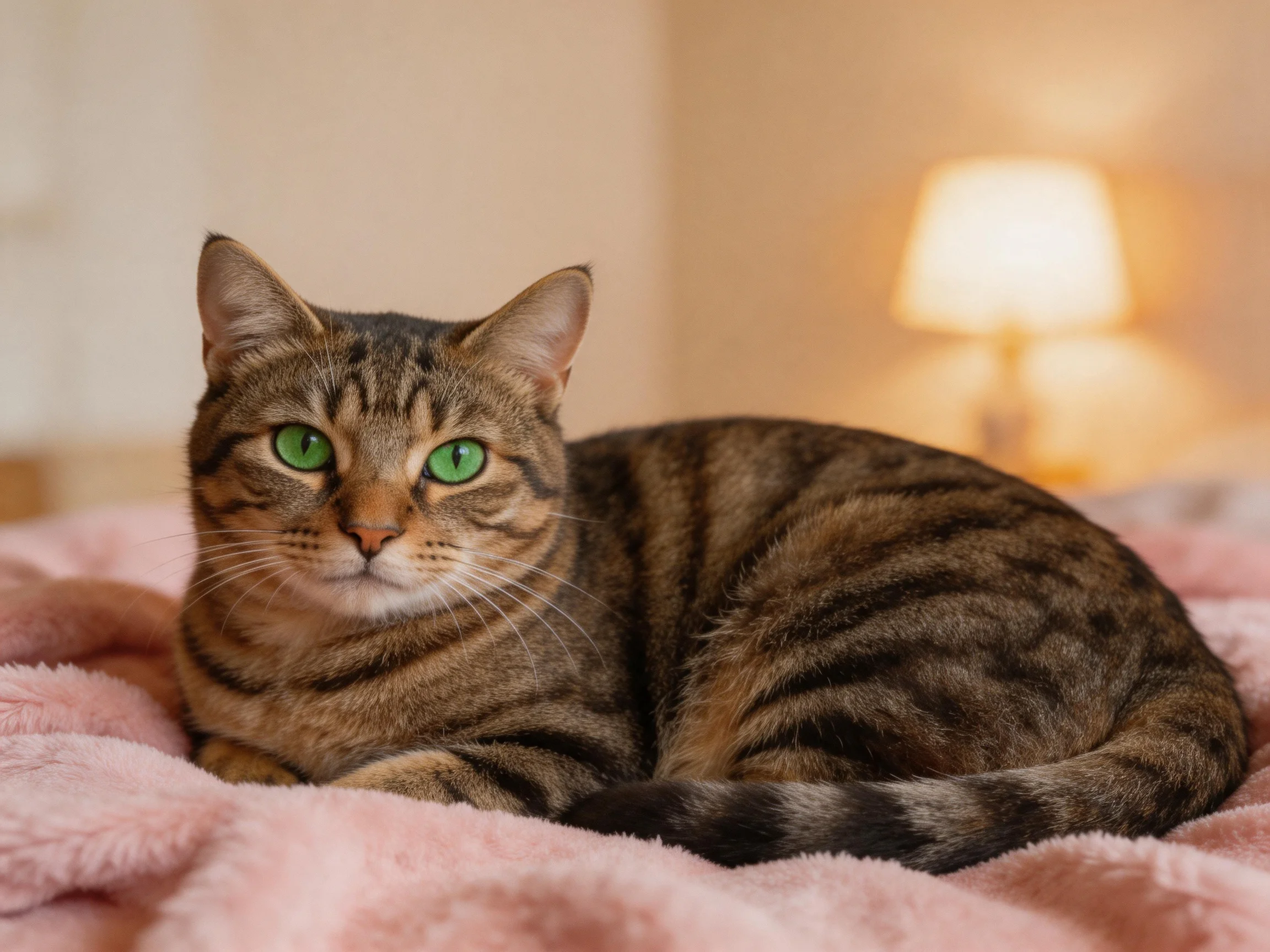 A brown tabby cat with green eyes relaxes on a pink blanket near a lit lamp