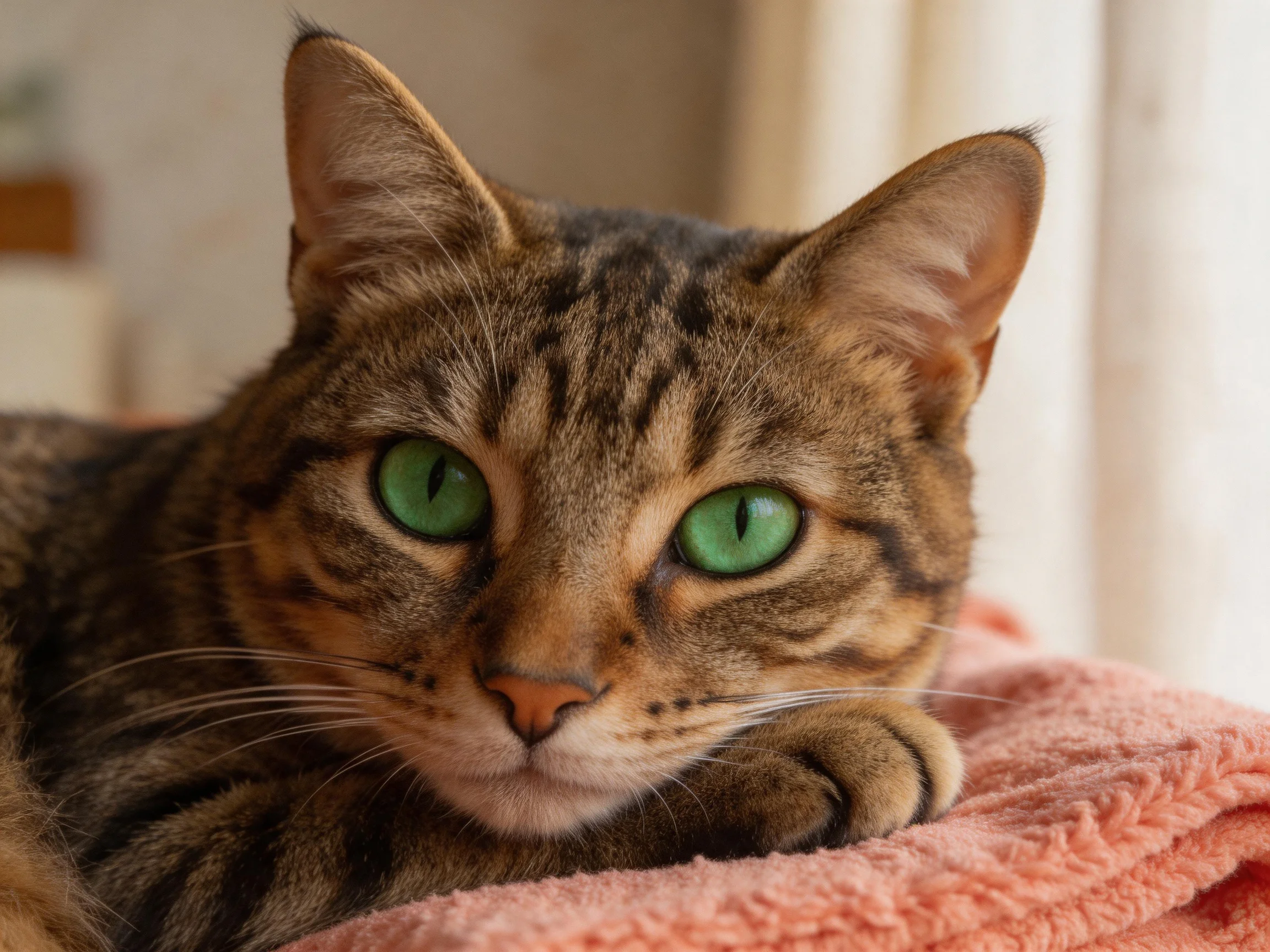 A brown tabby cat with green eyes relaxes on a pink towel