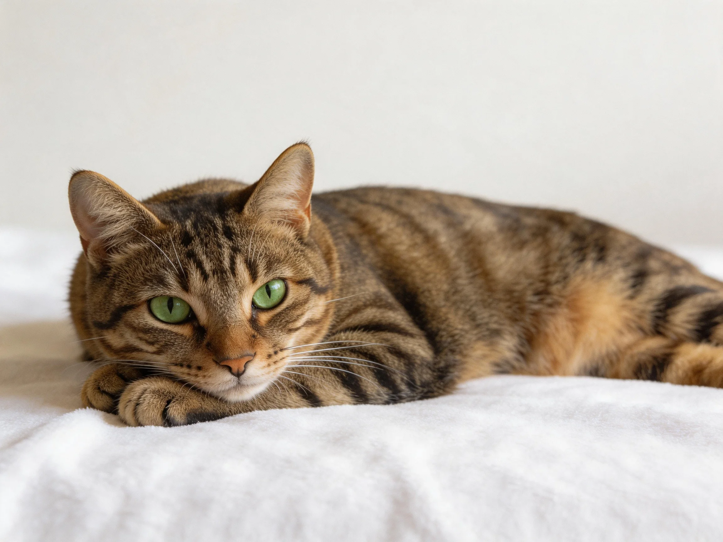 A brown tabby cat with green eyes rests calmly on a white surface.