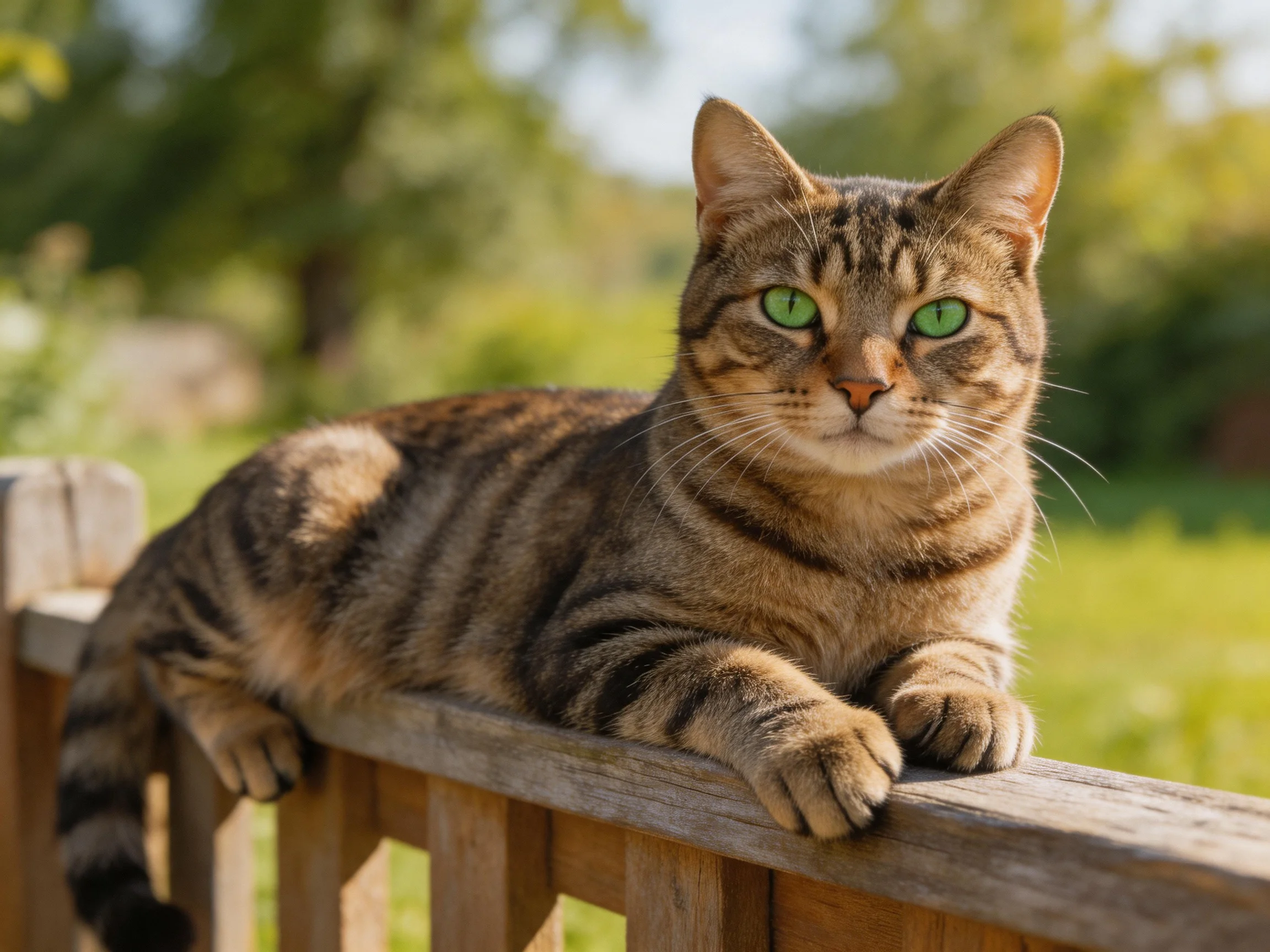 A brown tabby cat with green eyes relaxes on a wooden fence outdoors.
