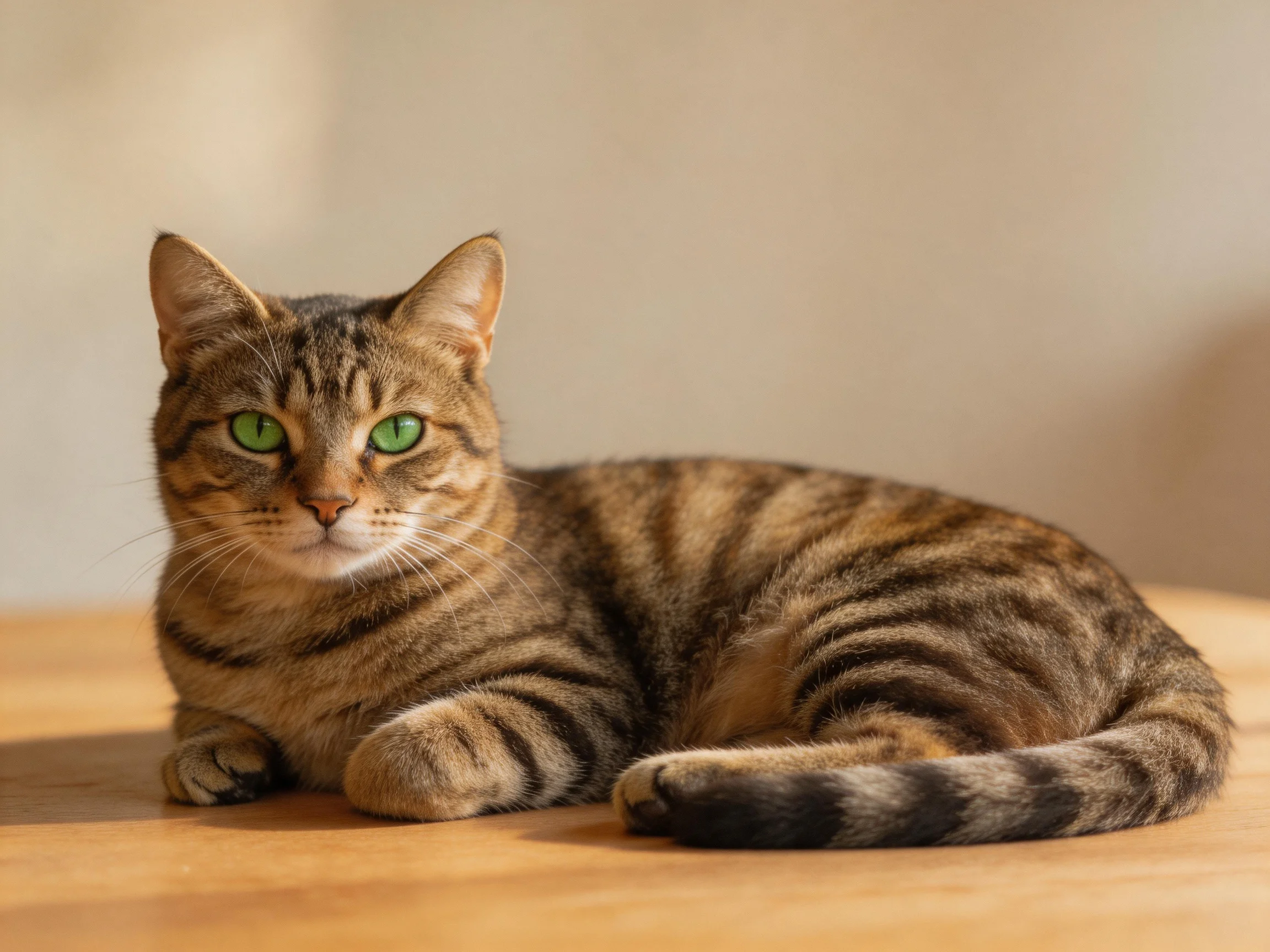 A brown tabby cat with green eyes relaxes on a wooden surface.