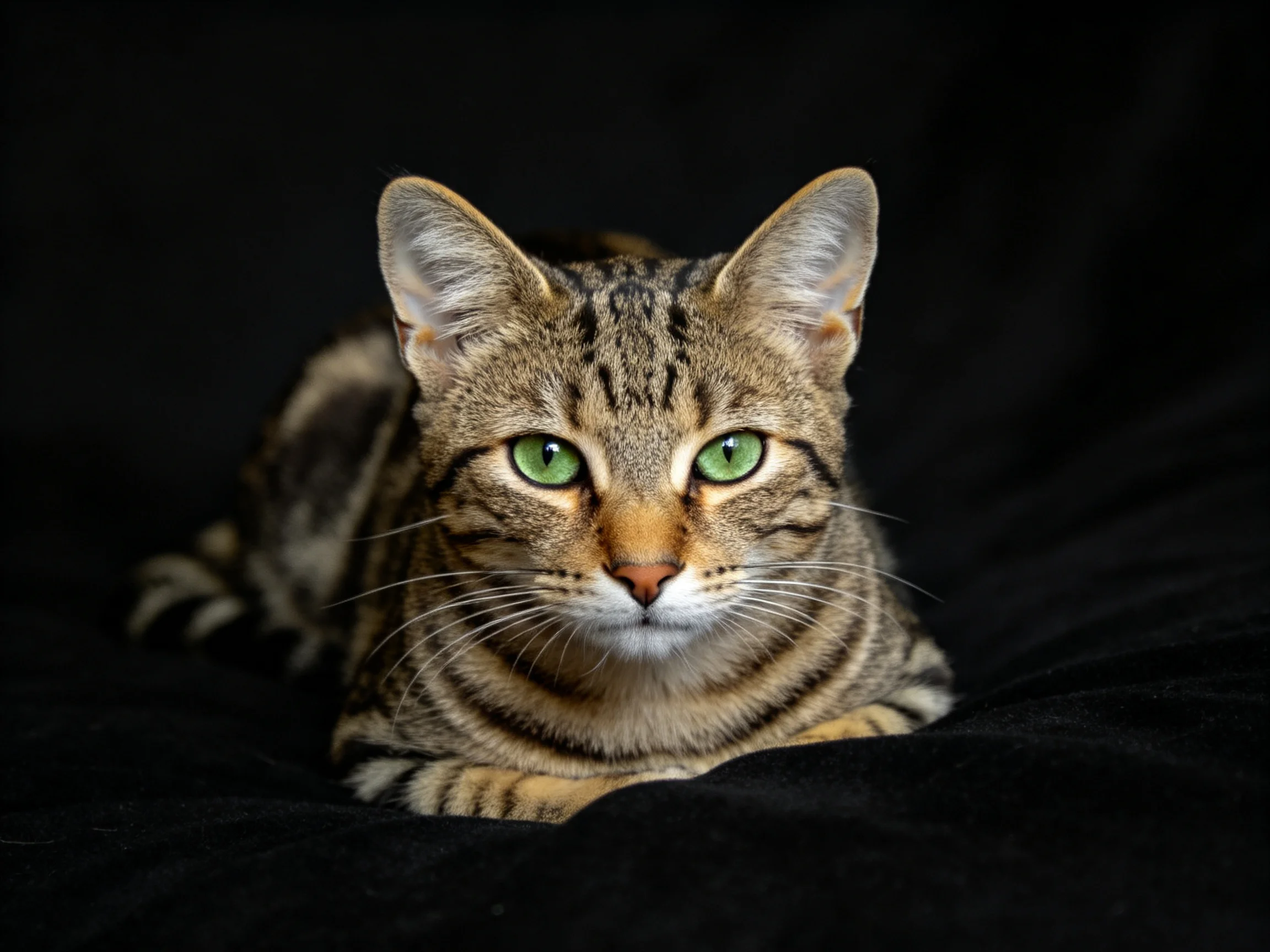 A brown tabby cat with green eyes rests on dark fabric.
