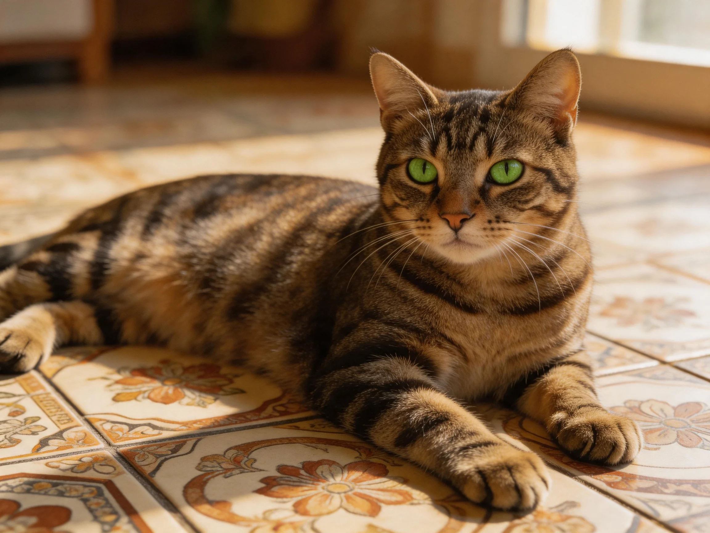 A brown tabby cat with green eyes relaxes on ornate tiled flooring.