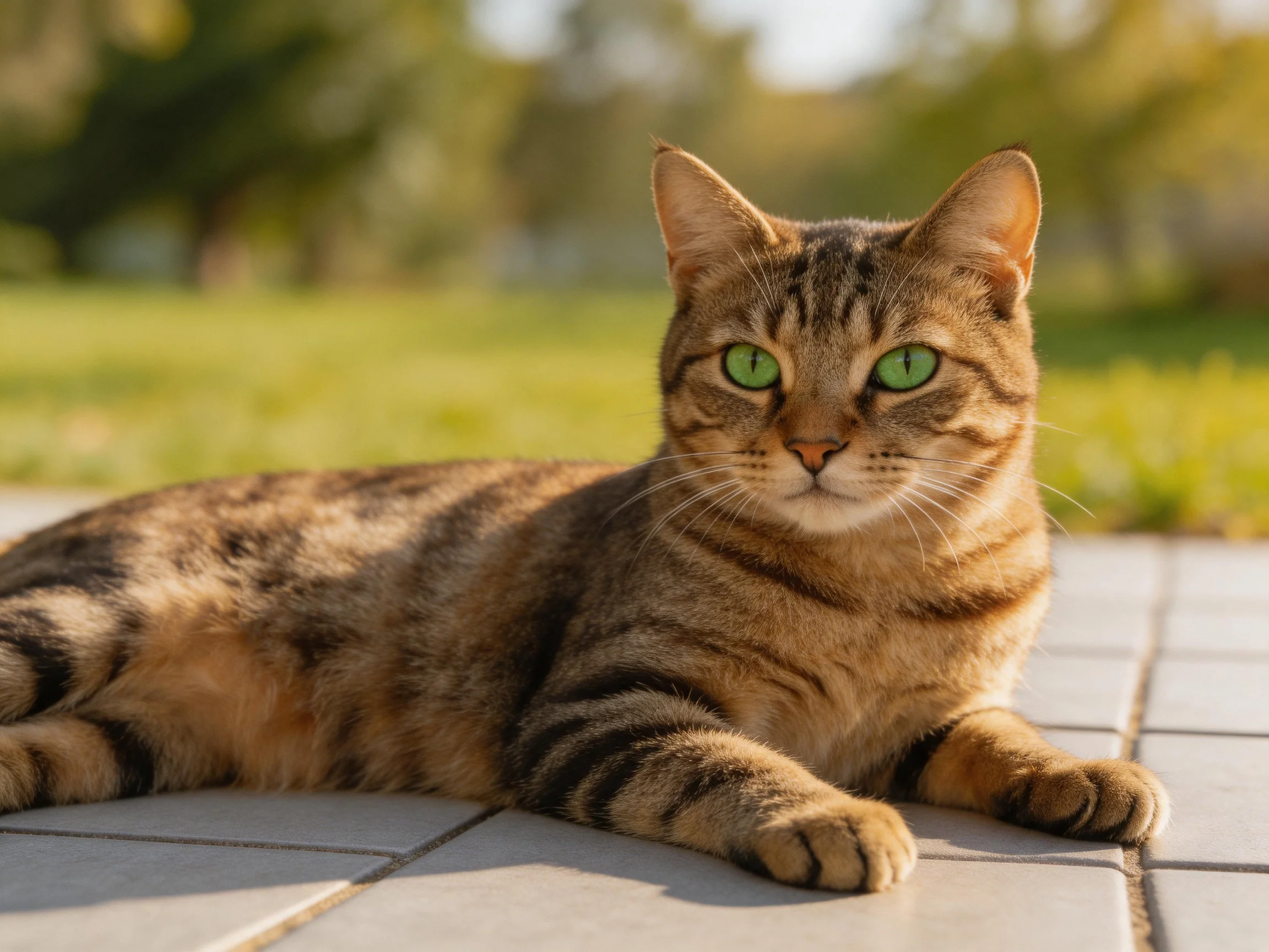 A brown tabby cat with green eyes rests on stone tiles in a sunny outdoor area.