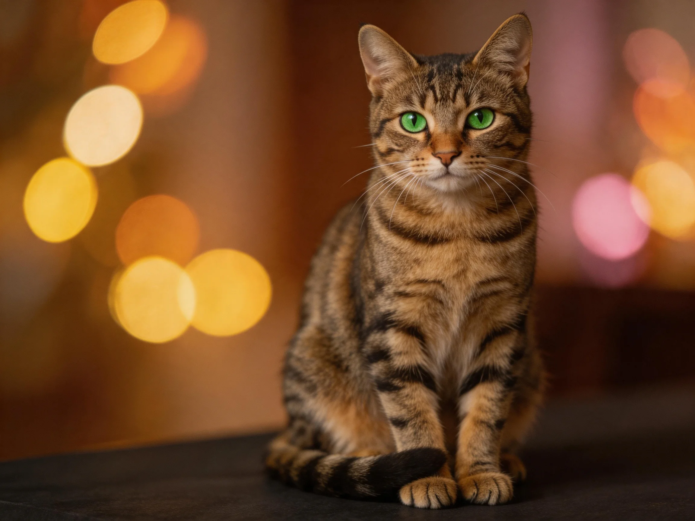 A brown tabby cat with green eyes sits calmly among soft, blurred lights.