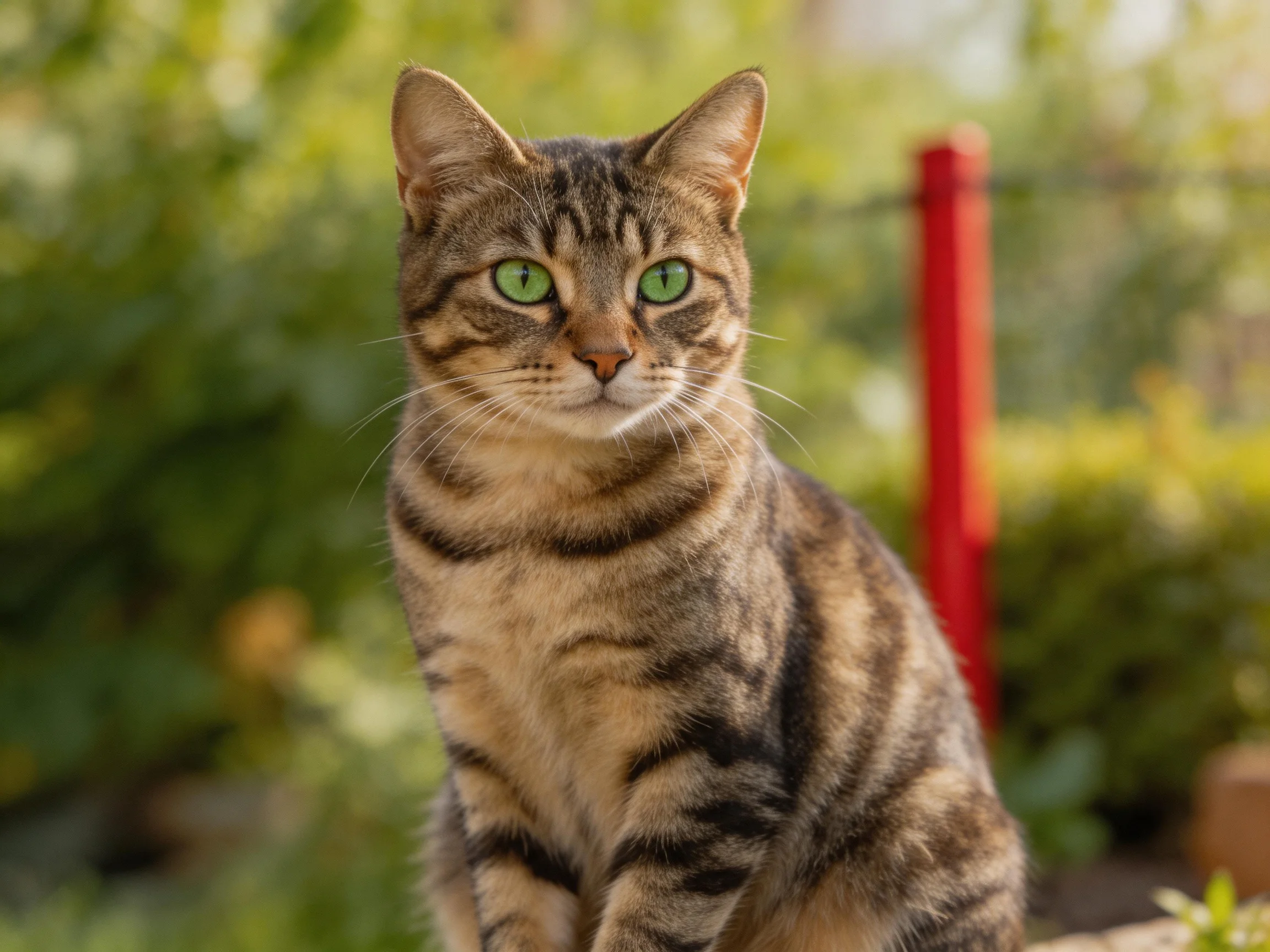 A brown tabby cat with bright green eyes sits in a sunlit garden.
