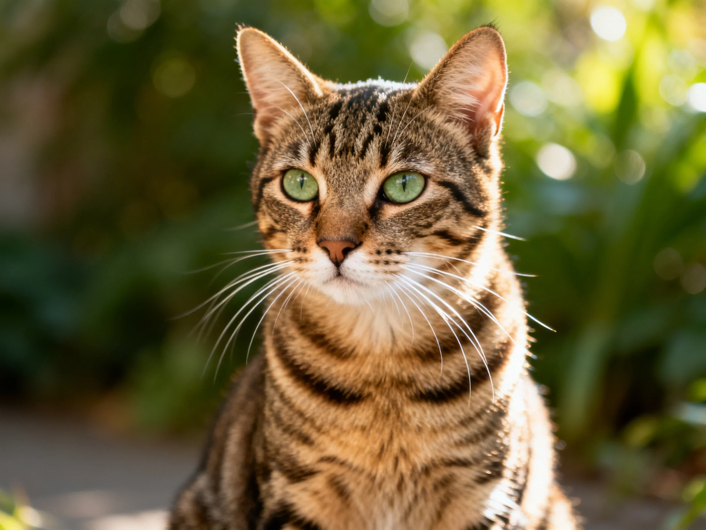 A brown-tabby cat with bright green eyes sits in a sunlit outdoor setting