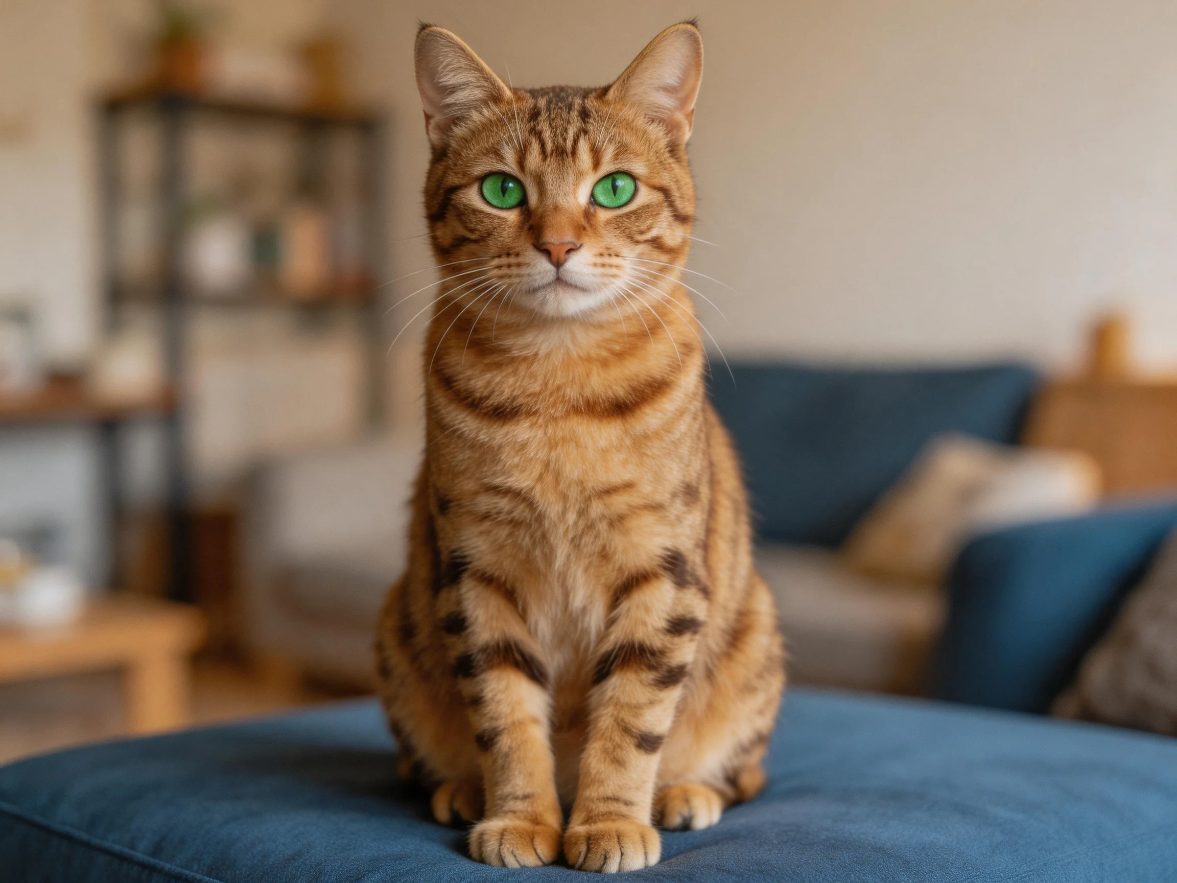 A brown tabby cat with green eyes sits on a blue cushion indoors