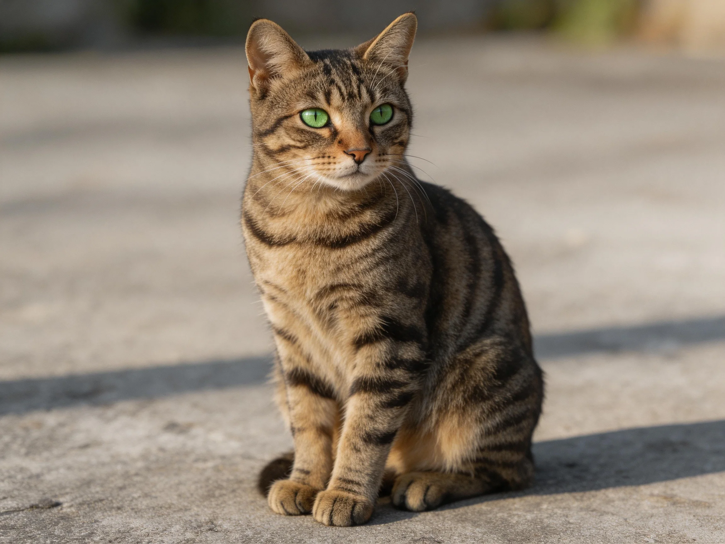 A brown tabby cat with green eyes sits on a concrete area.