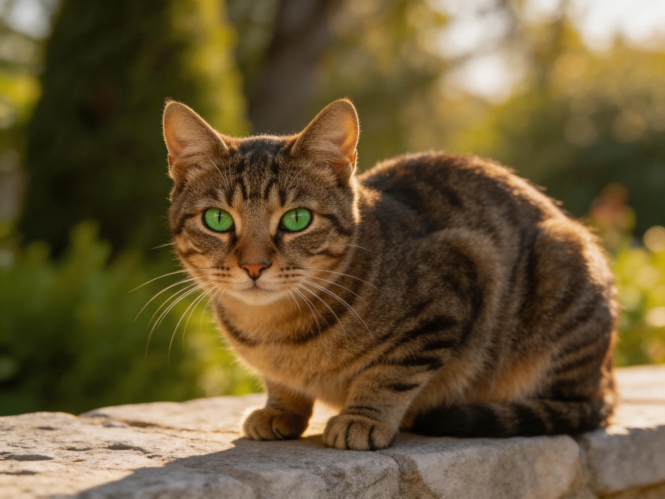 A brown tabby cat with green eyes sits on a stone ledge outdoors.