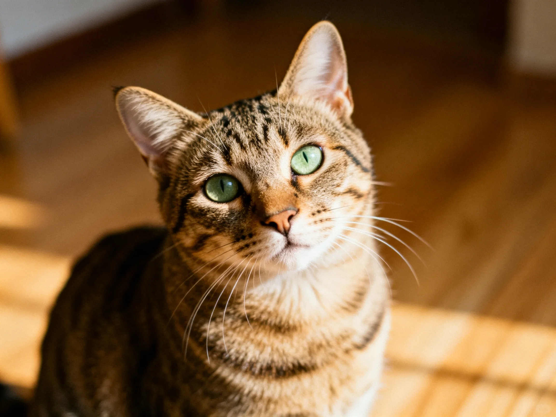 A brown tabby cat with green eyes sits in an indoor space with wooden flooring.
