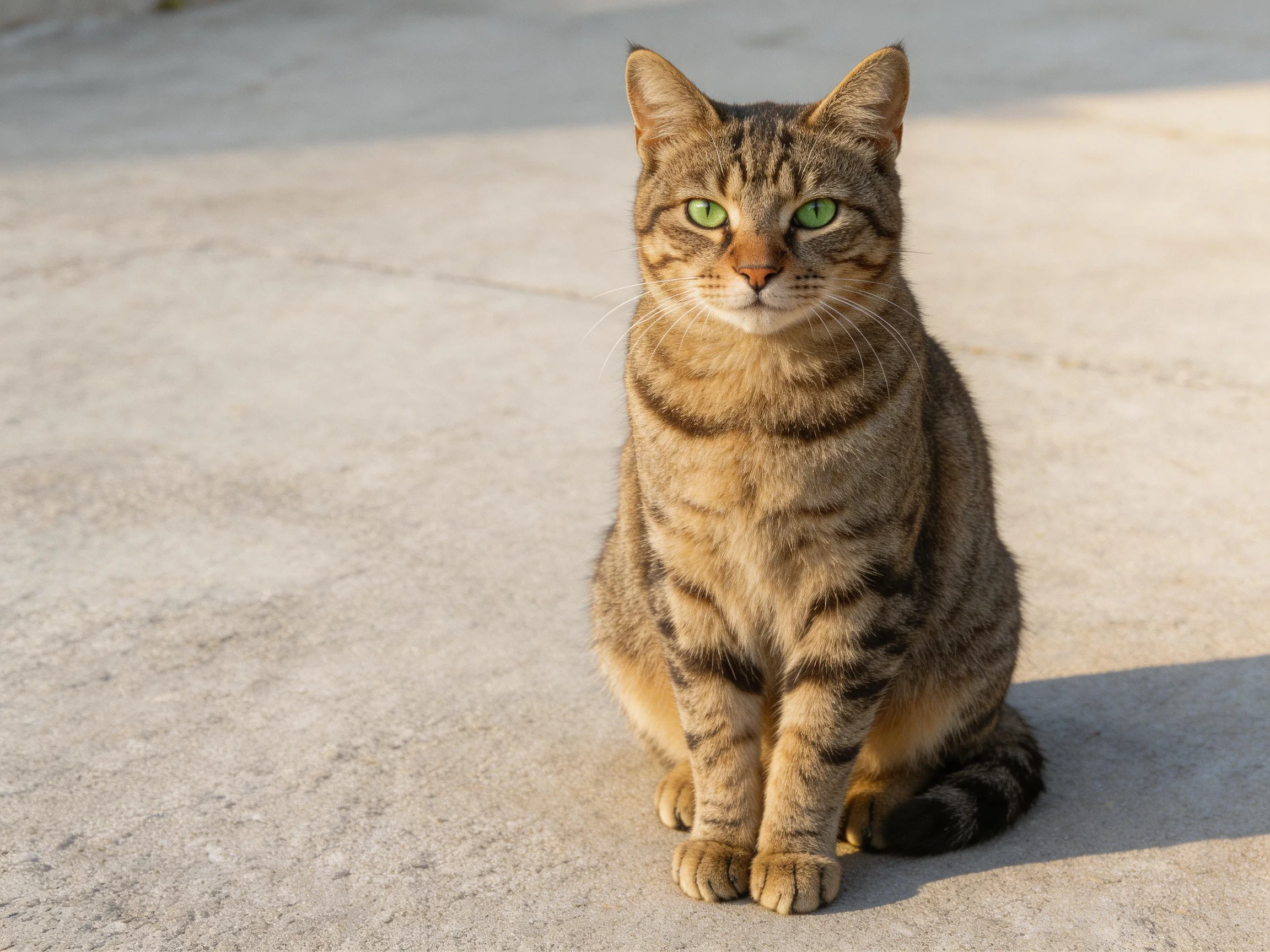 A brown tabby cat with green eyes sits on a concrete surface.
