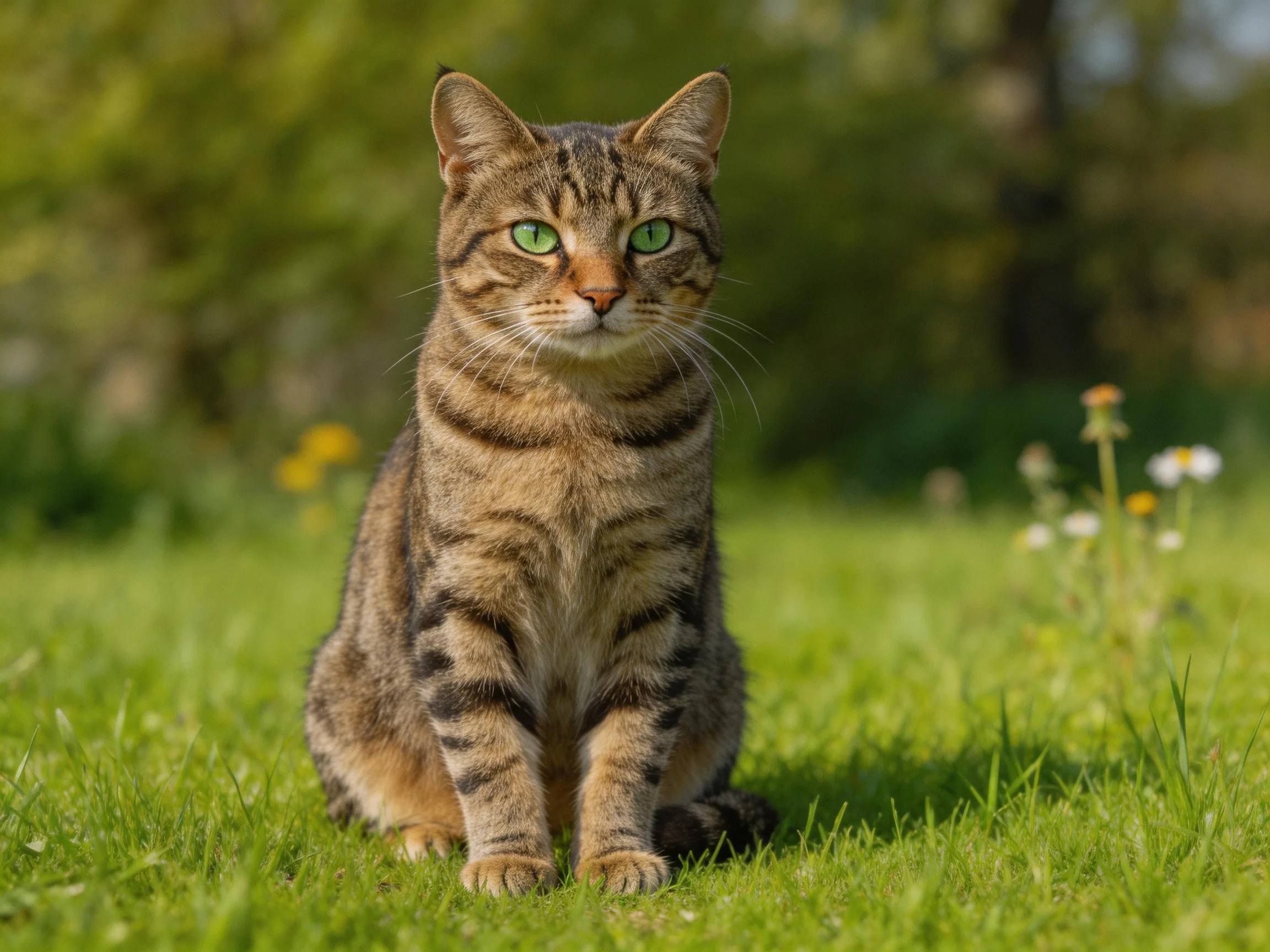 A brown-tabby cat with bright green eyes sits on lush green grass