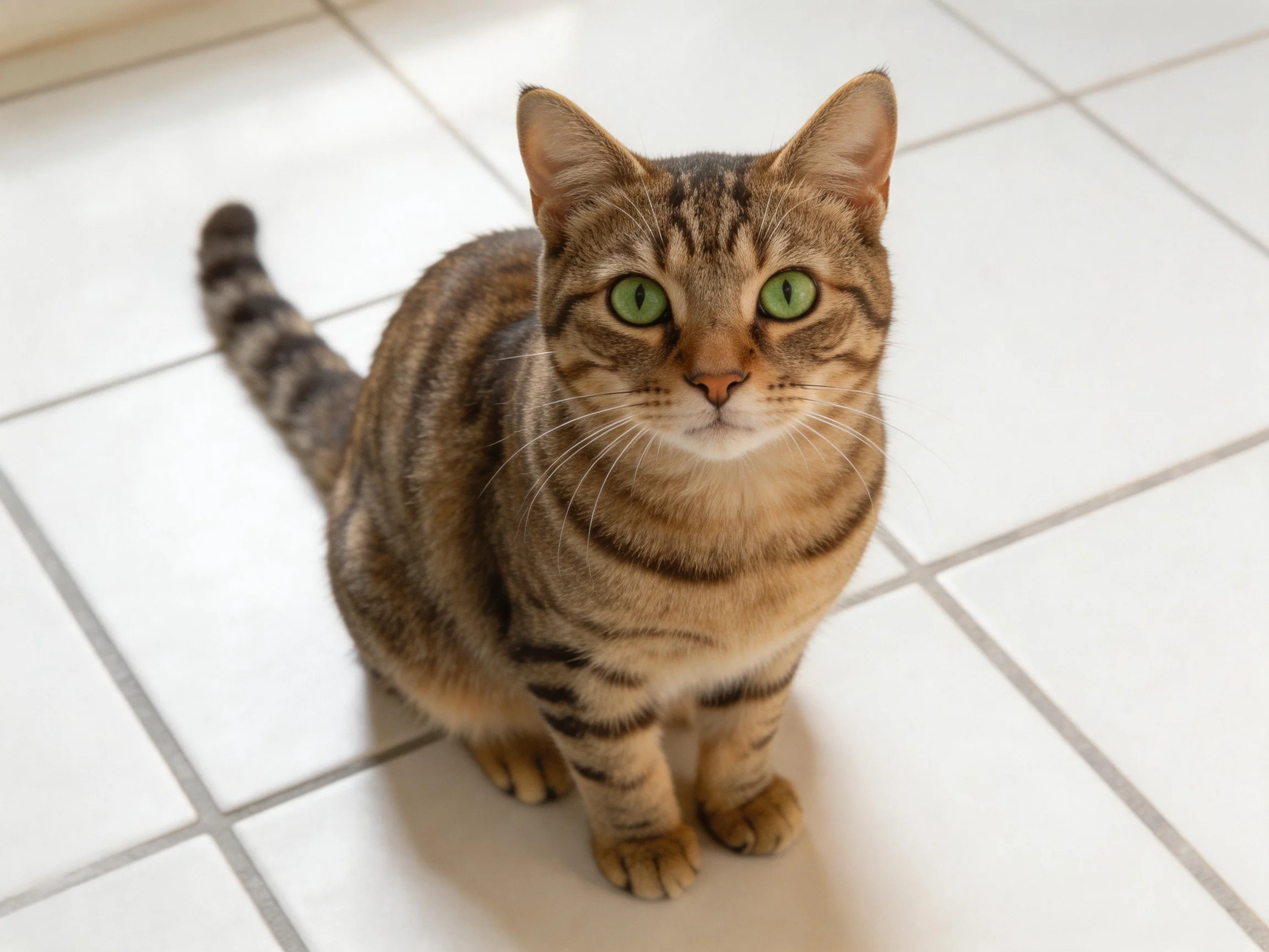 A brown tabby cat with green eyes sits on a tiled floor.