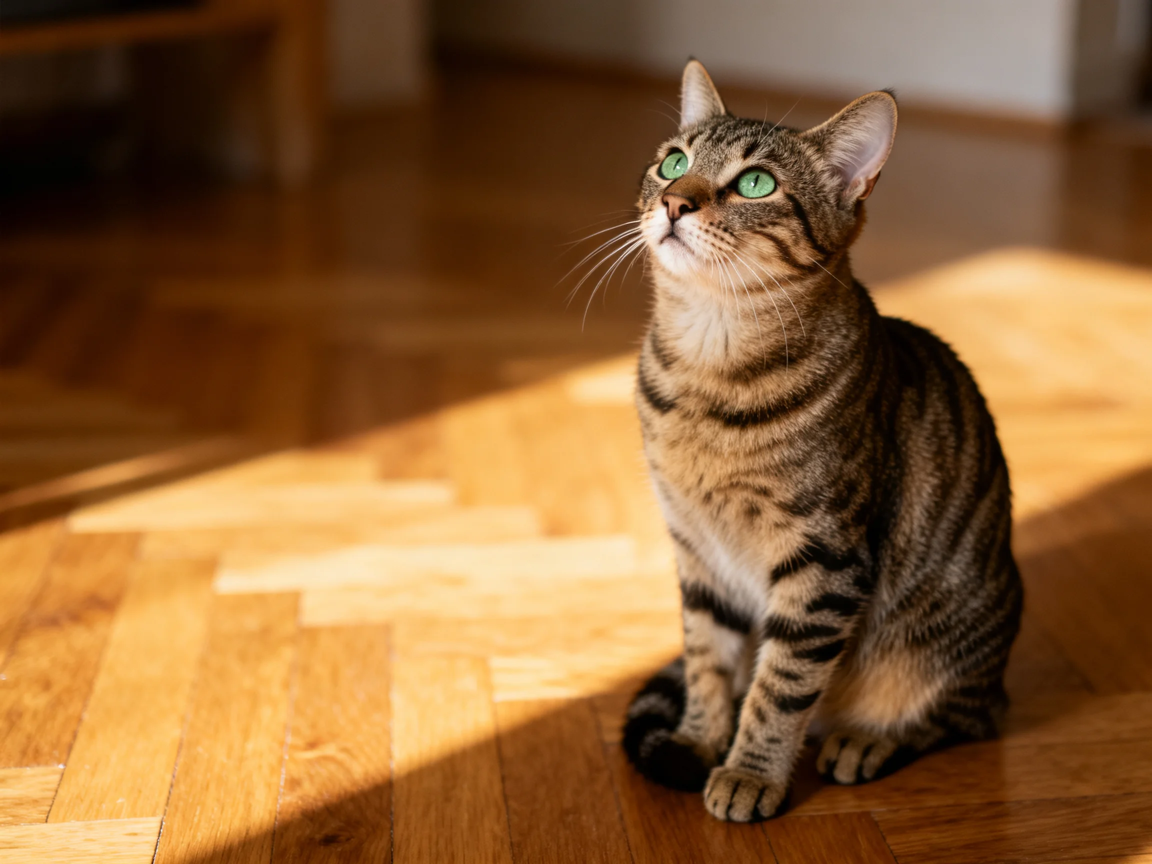 A brown tabby cat with green eyes sits on wooden flooring in a sunlit room