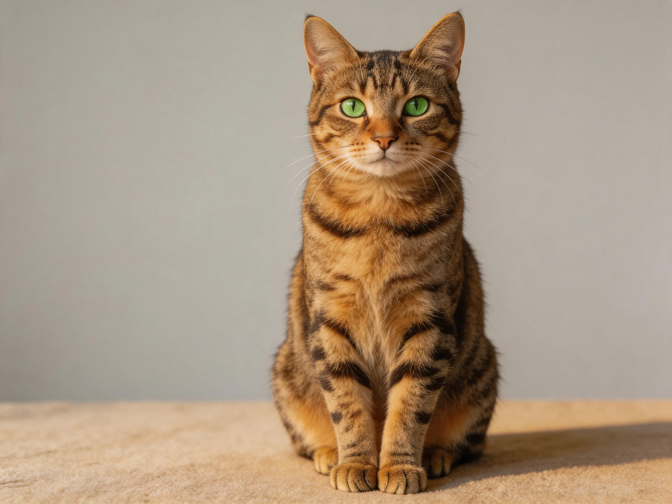 A brown tabby cat with bright green eyes sits calmly.