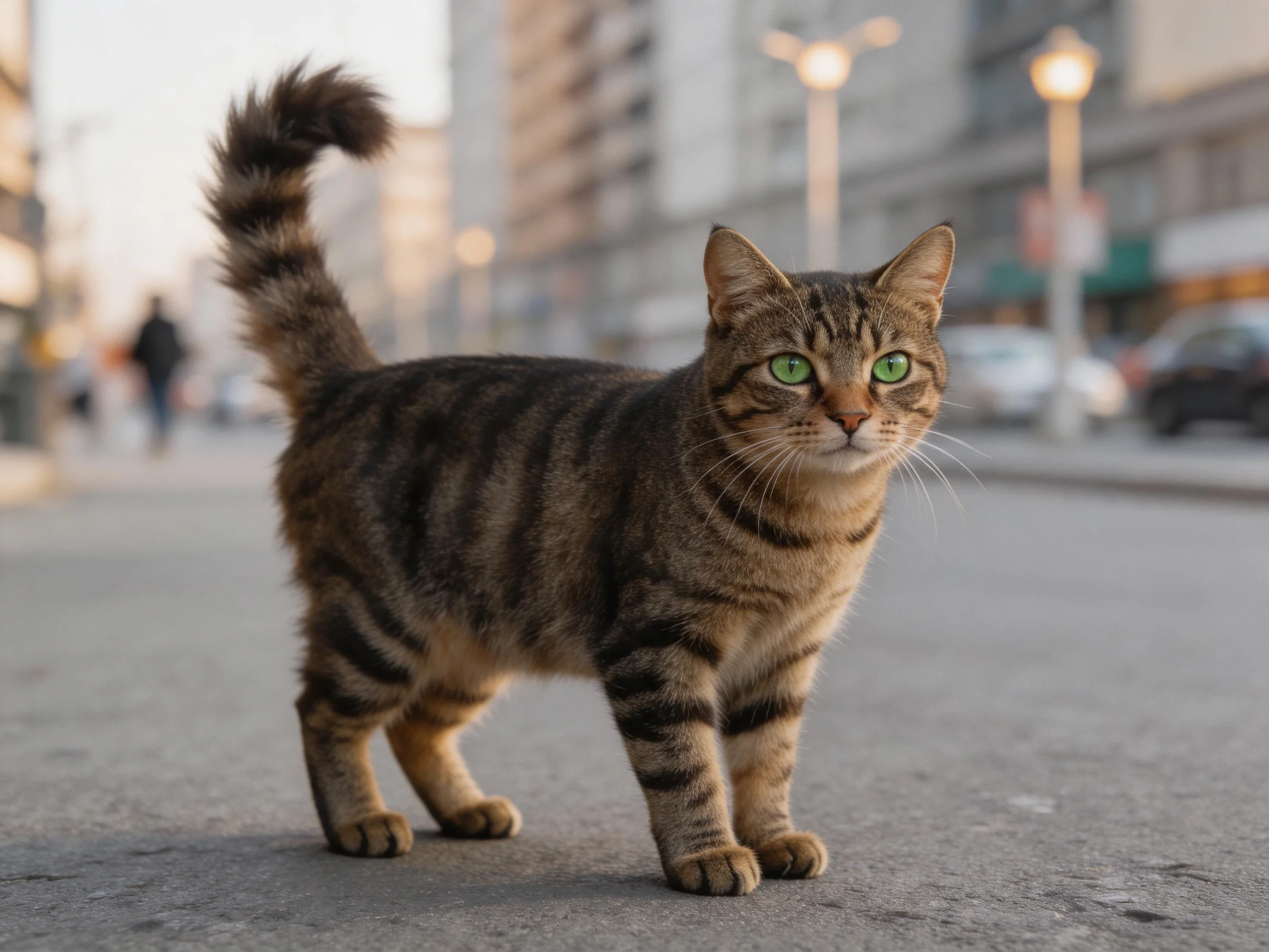 A brown tabby cat with green eyes stands alertly on a city street.