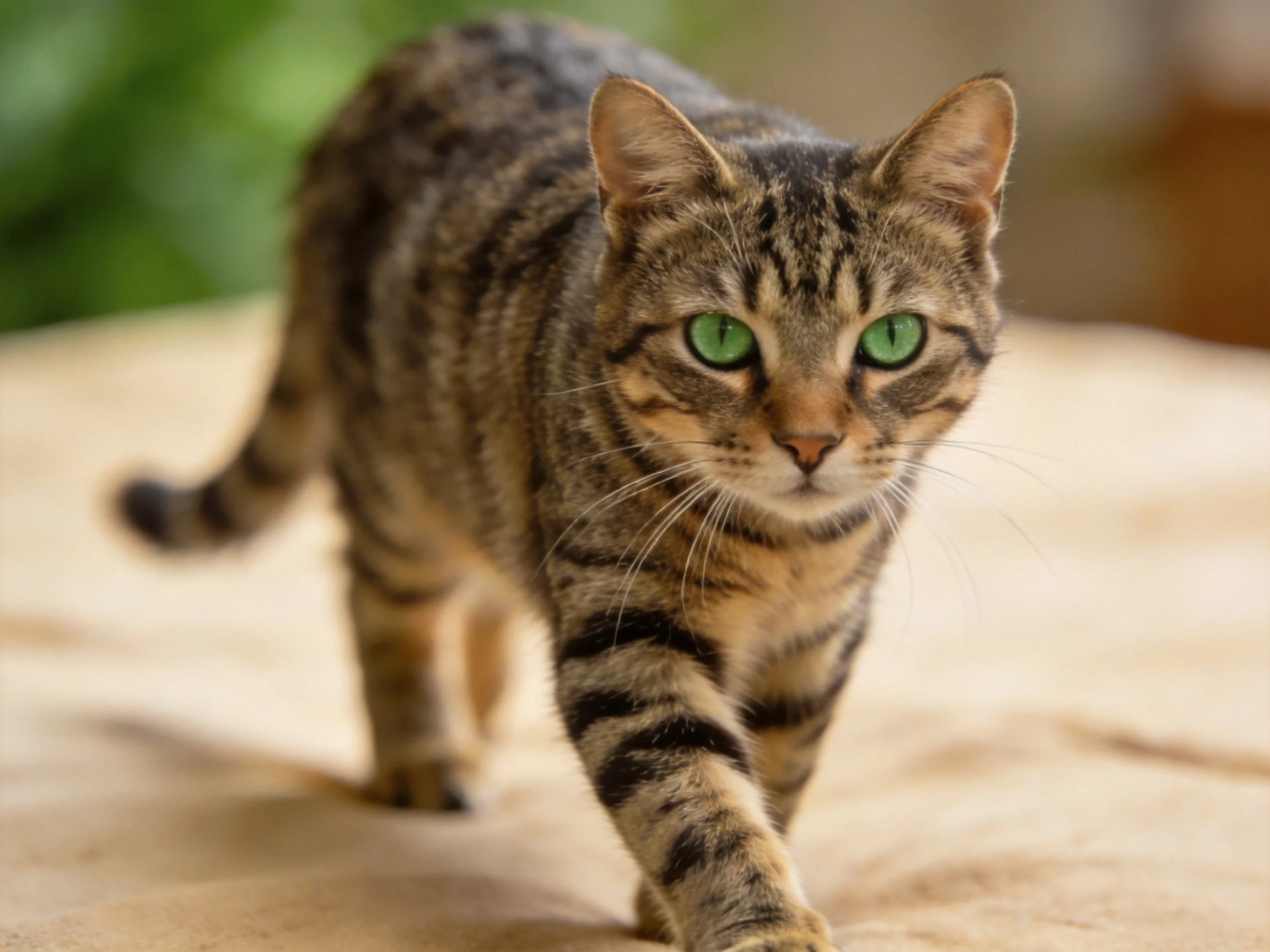 A brown tabby cat with green eyes walks forward on a soft surface.