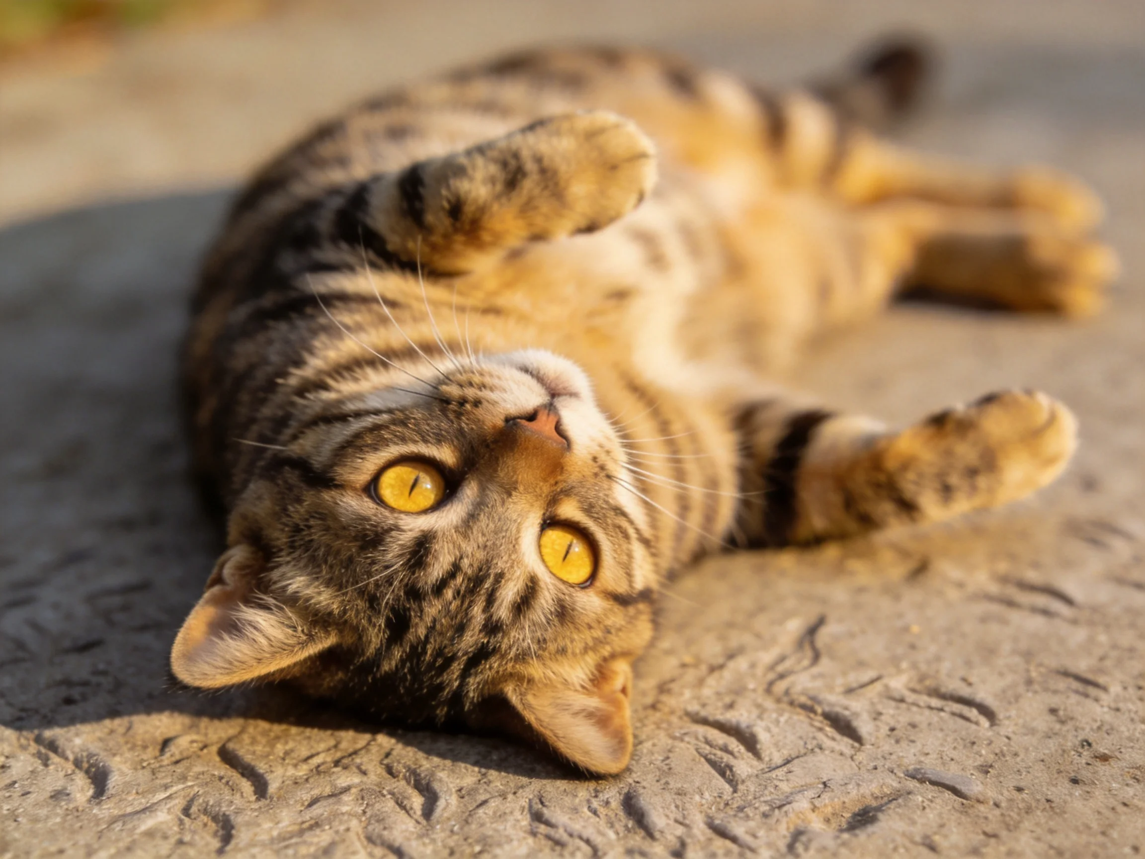 A brown tabby cat with bright yellow eyes lies relaxed on textured concrete.